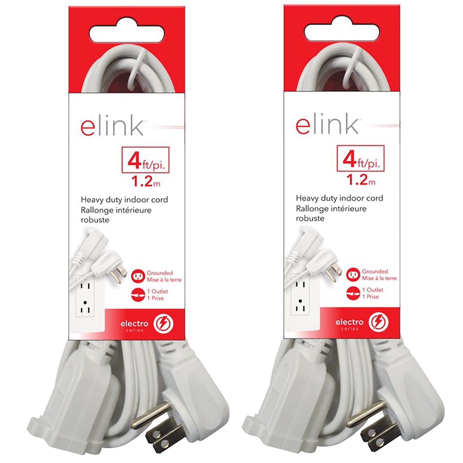 Elink - Set of 2 Indoor Electrical Extension Cord, 1 Outlet, 4 Feet Length, White