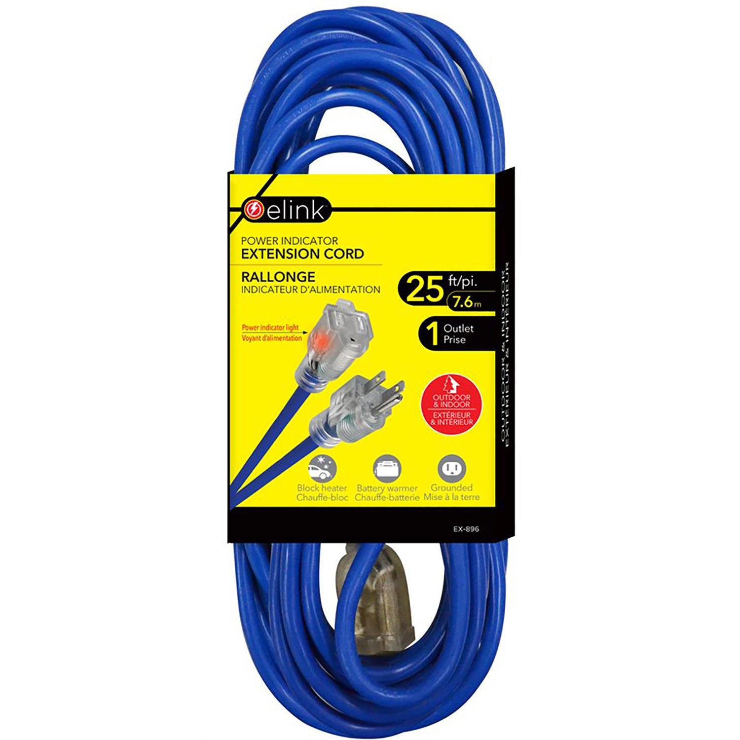 Elink - Outdoor Extension Cord with Power Indicator Light, 25 Feet Length, Blue