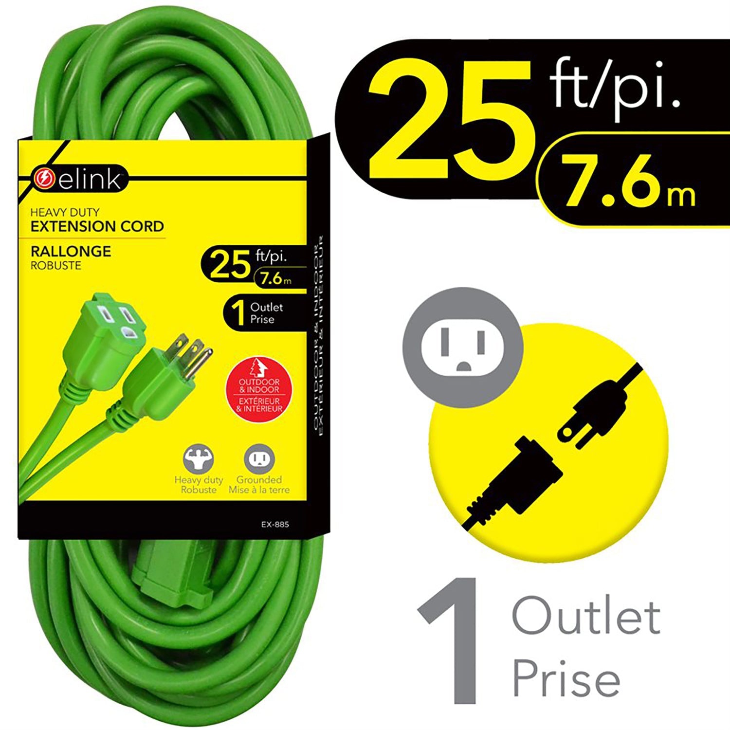 Elink - 1 Outlet Outdoor Electrical Extension Cord, 25 Feet Length, Green