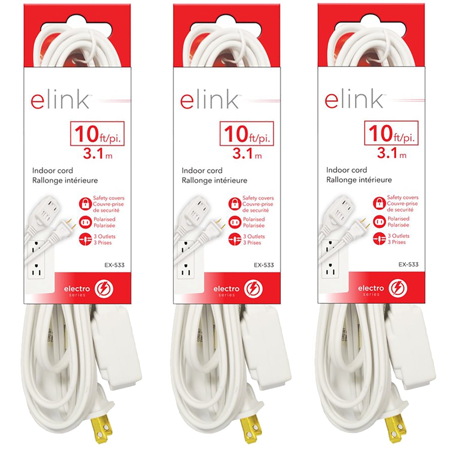 Elink - Set of 3 3-Outlet Indoor Electrical Extension Cords, 10 Feet Length, White