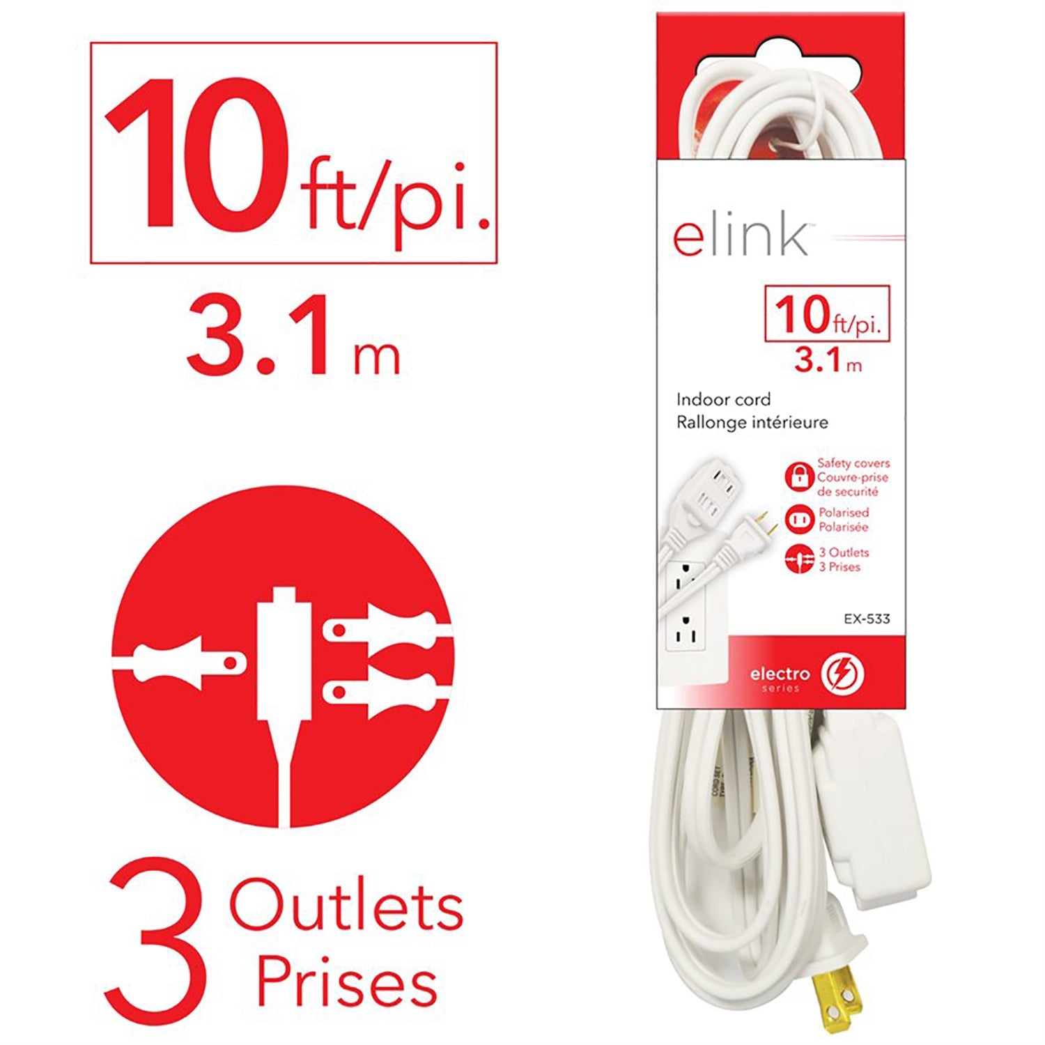 ELink – Ensemble de rallonges électriques intérieures à 3 3 prises, longueur de 10 pi, blanc