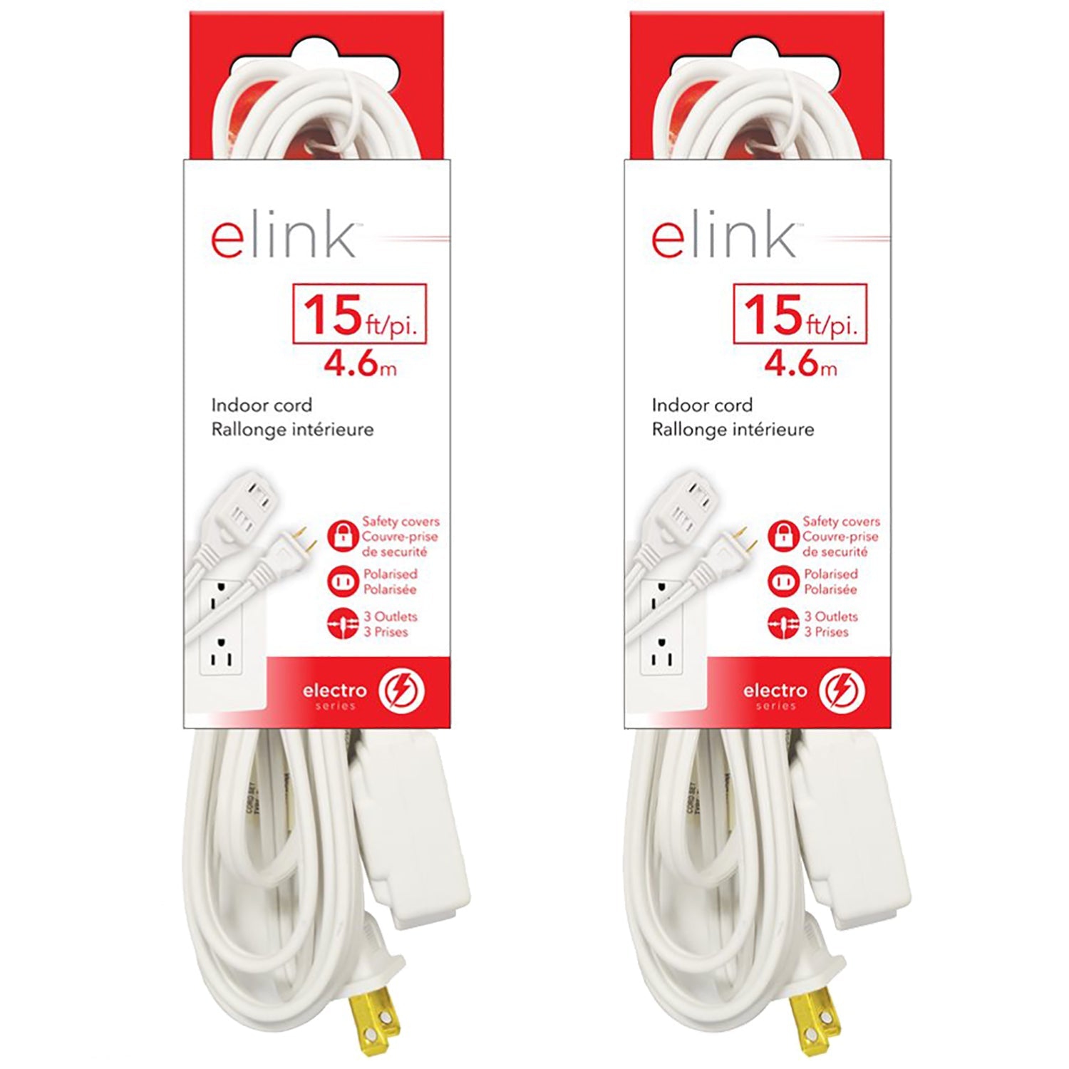 Elink - Set of 2 3-Outlet Indoor Electrical Extension Cords, 15 Feet Length, White