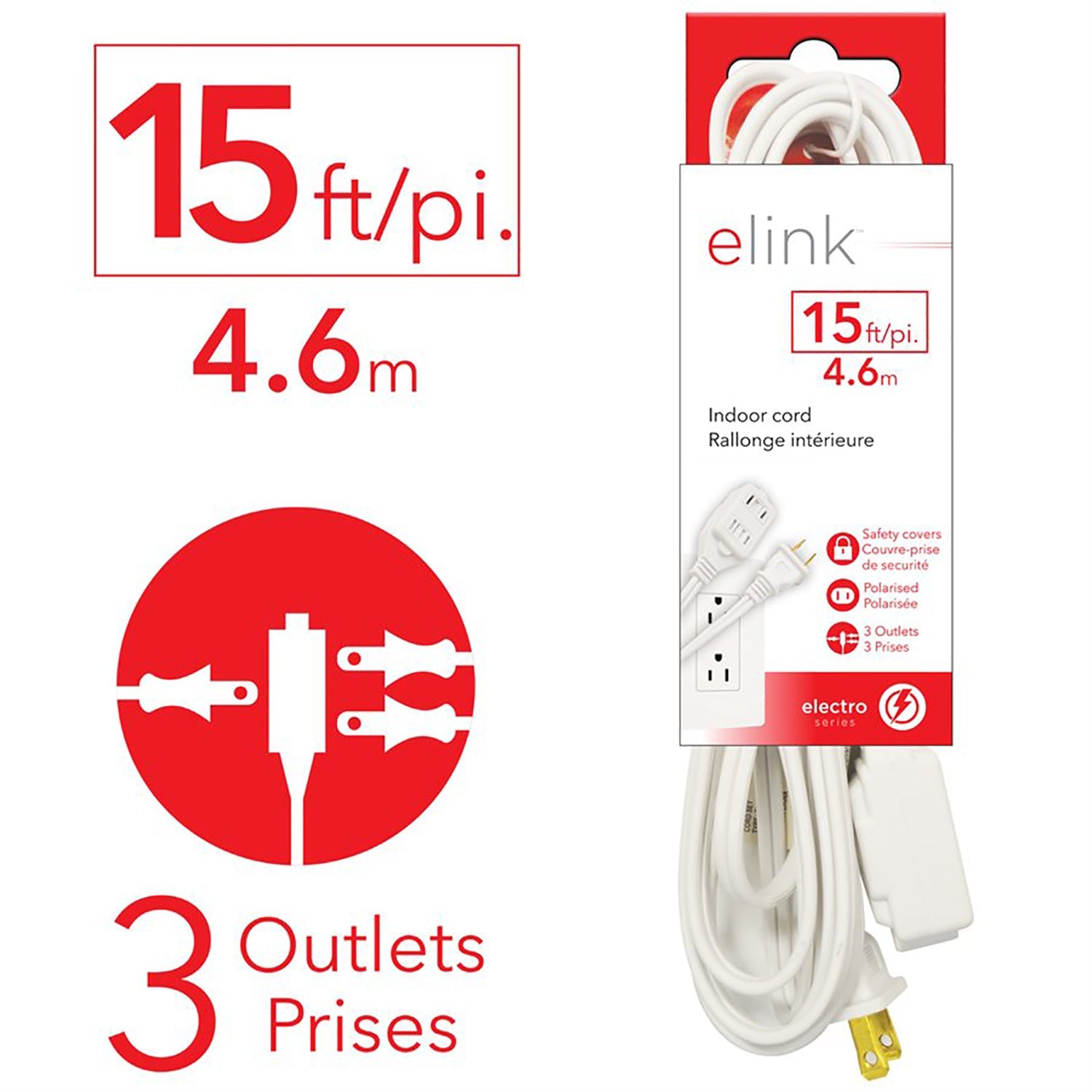 ELink – Ensemble de rallonges électriques intérieures à 2 3 prises, longueur de 15 pi, blanc