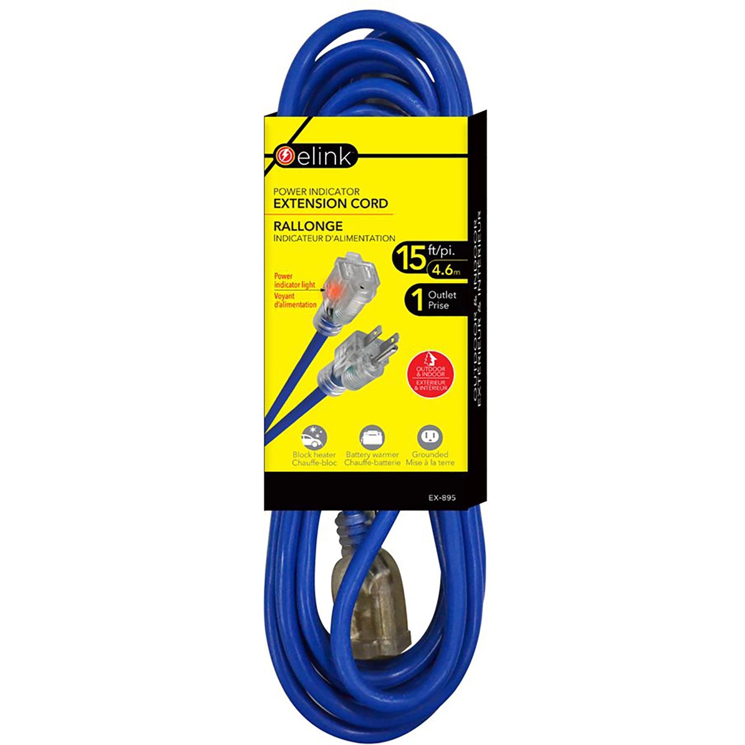 ELink – Rallonge d’extérieur avec voyant d’alimentation, 15 pi de longueur, bleu