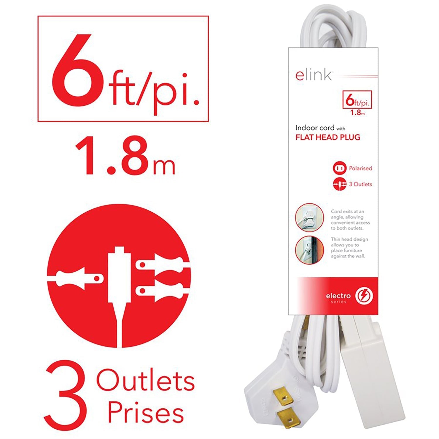 ELink – Ensemble de 3 rallonges électriques avec prise à tête plate, 3 prises, longueur de 6 pi, blanc