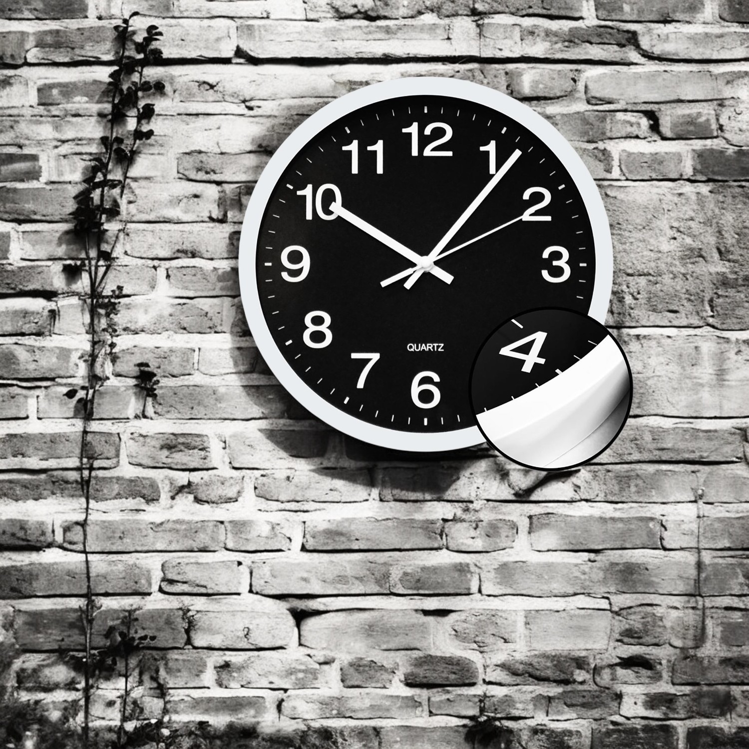 Hauz - Round Wall Clock, 12" Diameter, Quartz Precision, Black