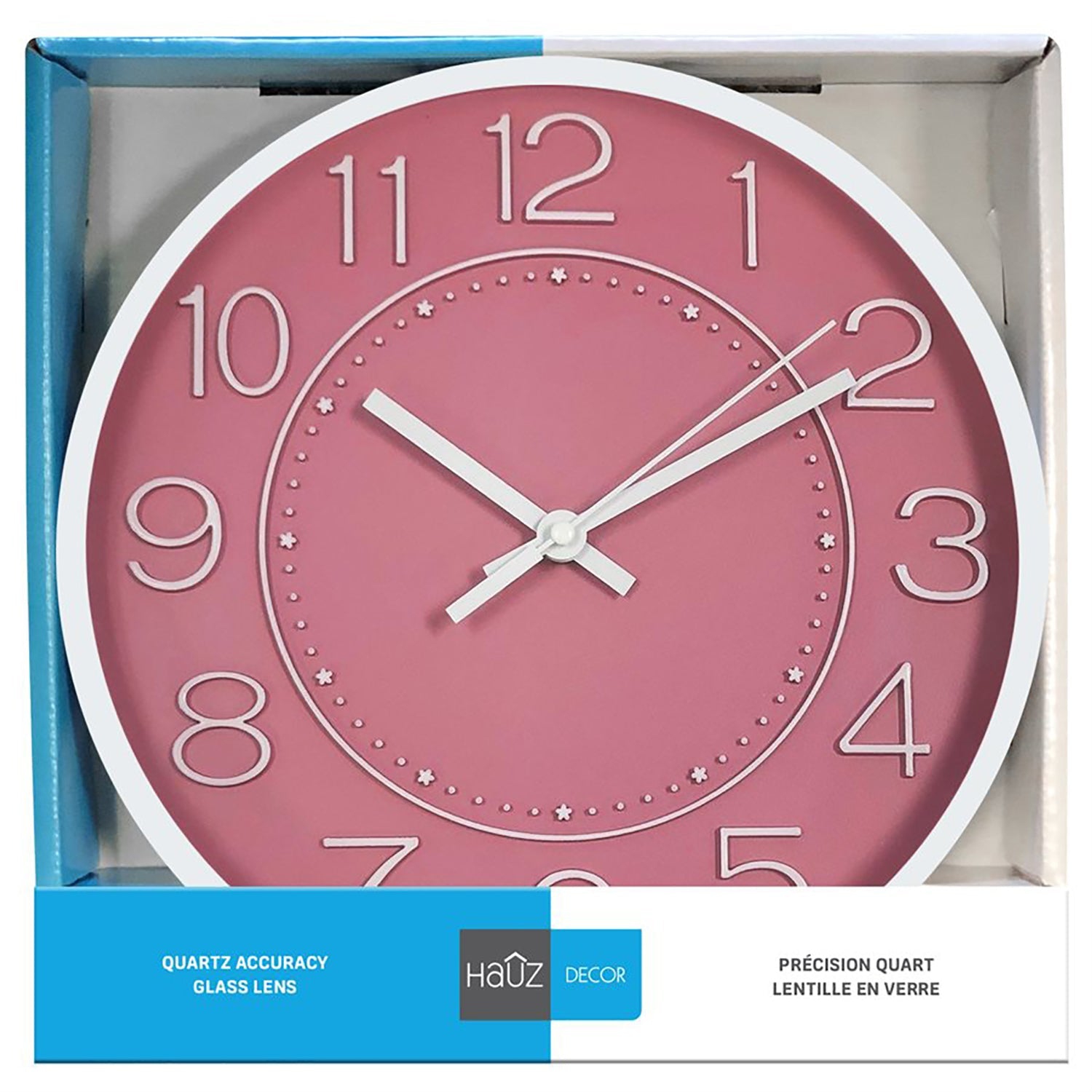 Hauz - Round Wall Clock, 12" Diameter, Quartz Precision, Pink