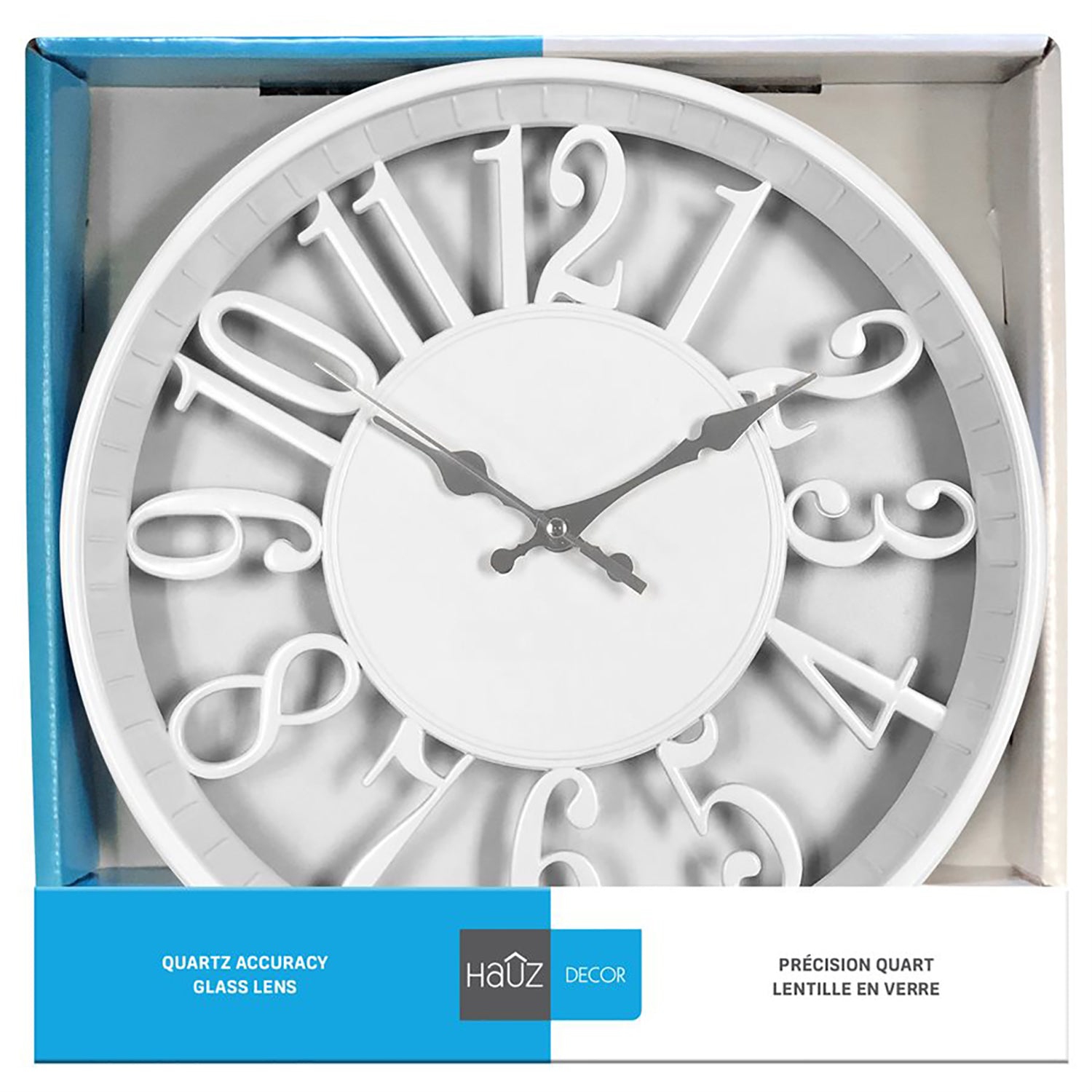 Hauz - Round Wall Clock, 12" Diameter, Large Numbers, Quartz Precision, White
