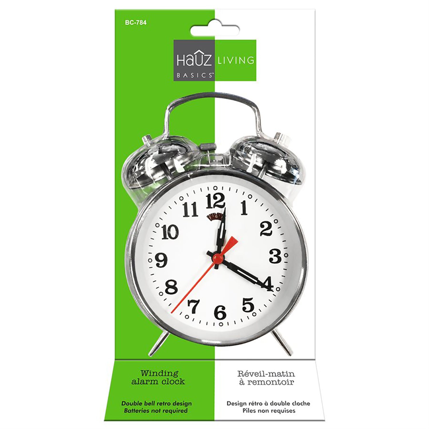 Hauz - Wind-up Alarm Clock, 4 Inch Dial, Luminous Hands, Silver