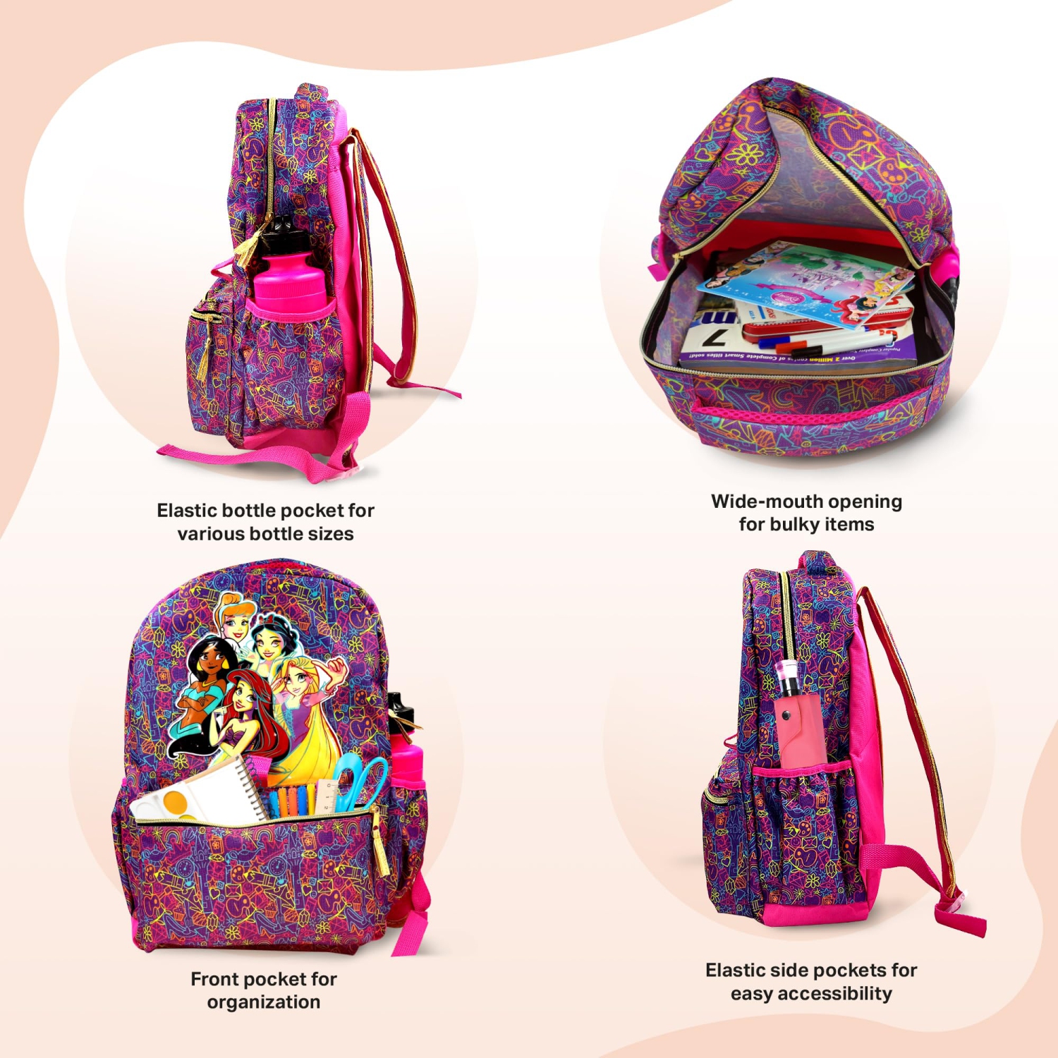 Disney Princess Backpack 16 inch Kids Backpack with Lunch Box- 6 Pieces Set for Kids