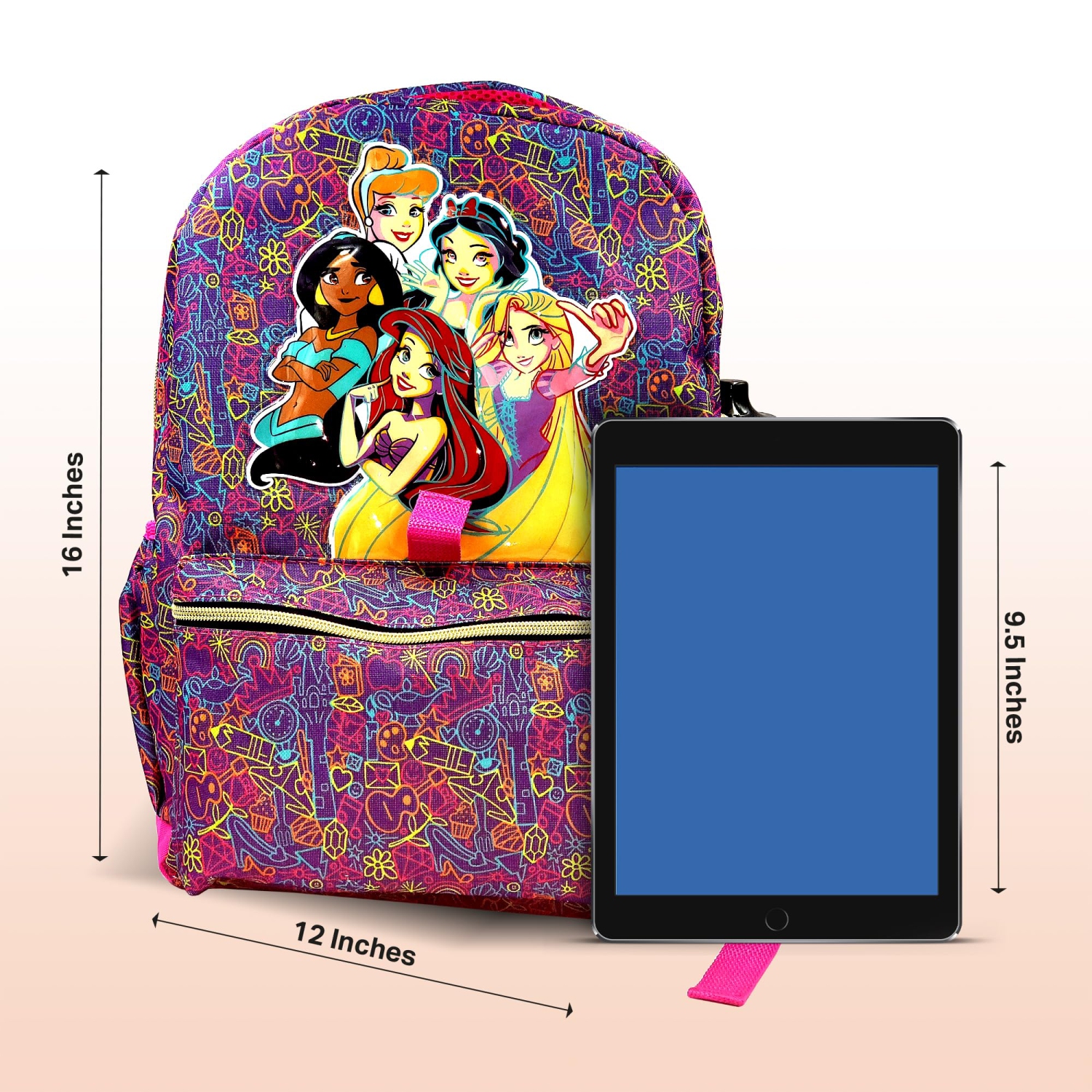 Disney Princess Backpack 16 inch Kids Backpack with Lunch Box- 6 Pieces Set for Kids