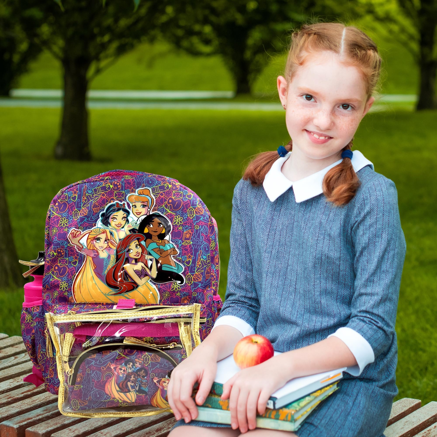 Disney Princess Backpack 16 inch Kids Backpack with Lunch Box- 6 Pieces Set for Kids