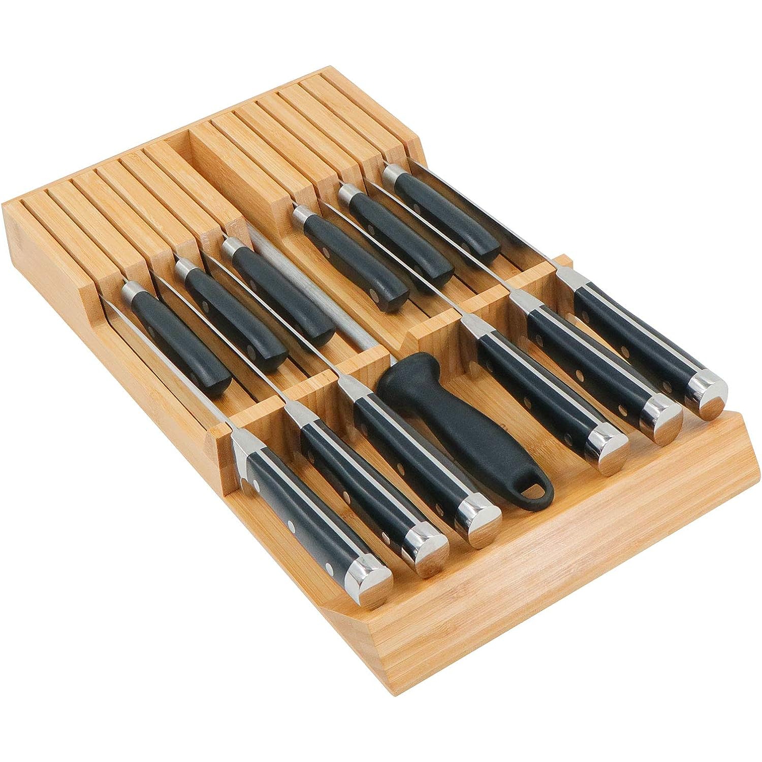 in-Drawer Knife Block Bamboo Kitchen Knife Drawer Organizer,Large Handle Steak Knife Holder Without Knives, fit for 12 Knives and 1 Sharpening Steel