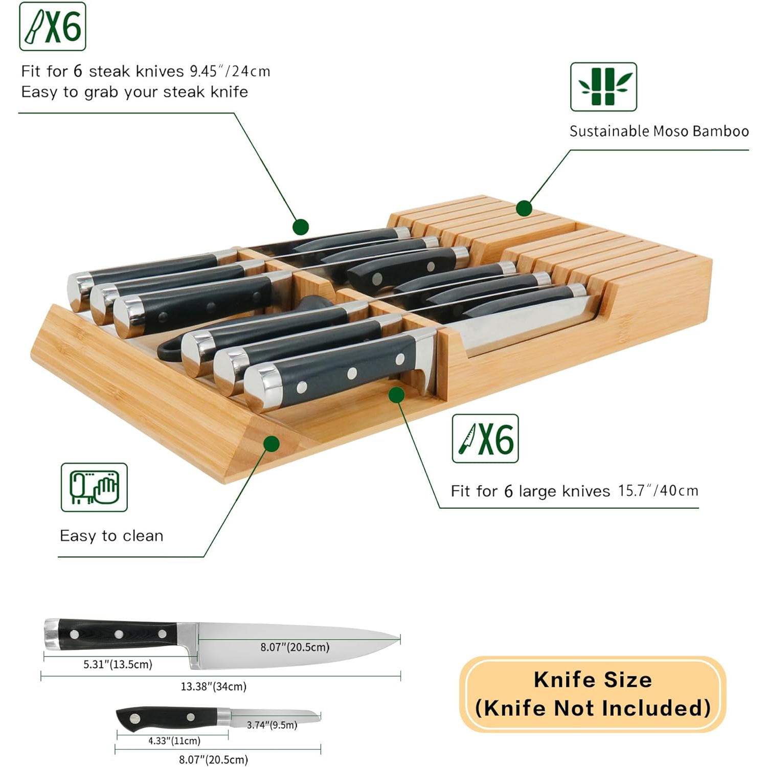 in-Drawer Knife Block Bamboo Kitchen Knife Drawer Organizer,Large Handle Steak Knife Holder Without Knives, fit for 12 Knives and 1 Sharpening Steel
