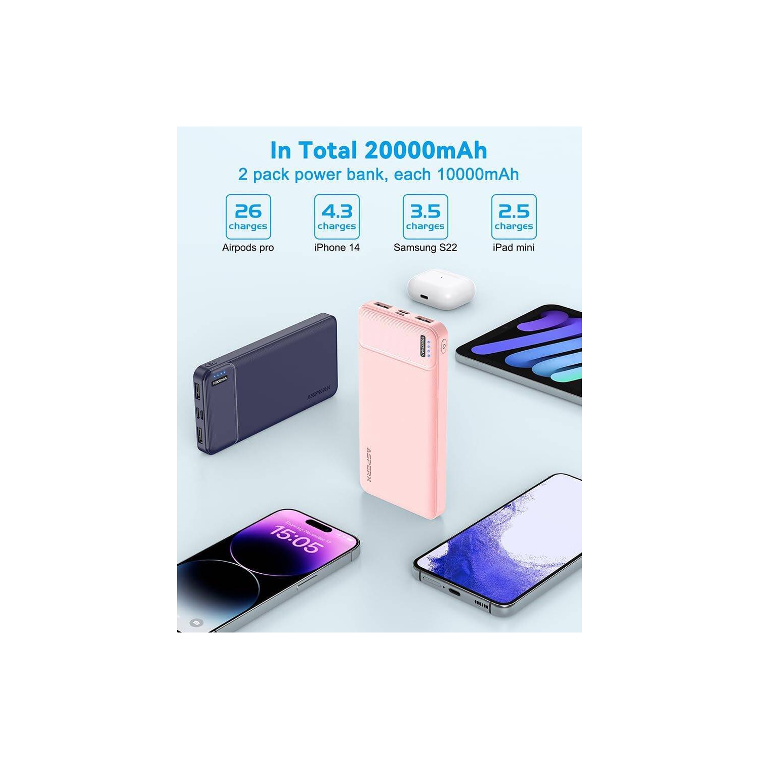 Paquet de 2 chargeurs portables 10000 mAh roses chargeur portable USB-C à recharge rapide, batterie portative batterie externe pour Samsung