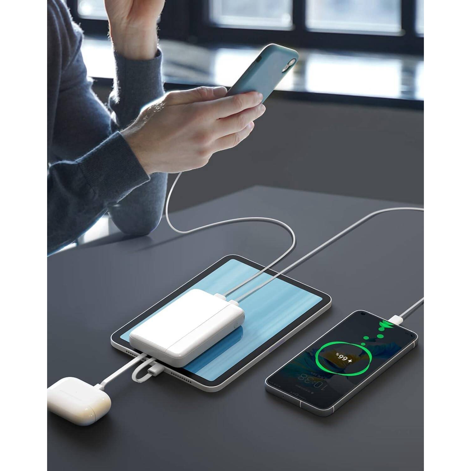 Ultra-Compact 22.5W PD & QC 3.0 Fast Charging Portable Charger 10000mAh USB C Power Bank, Small LED Display with Cable Compatible with iPhone, White