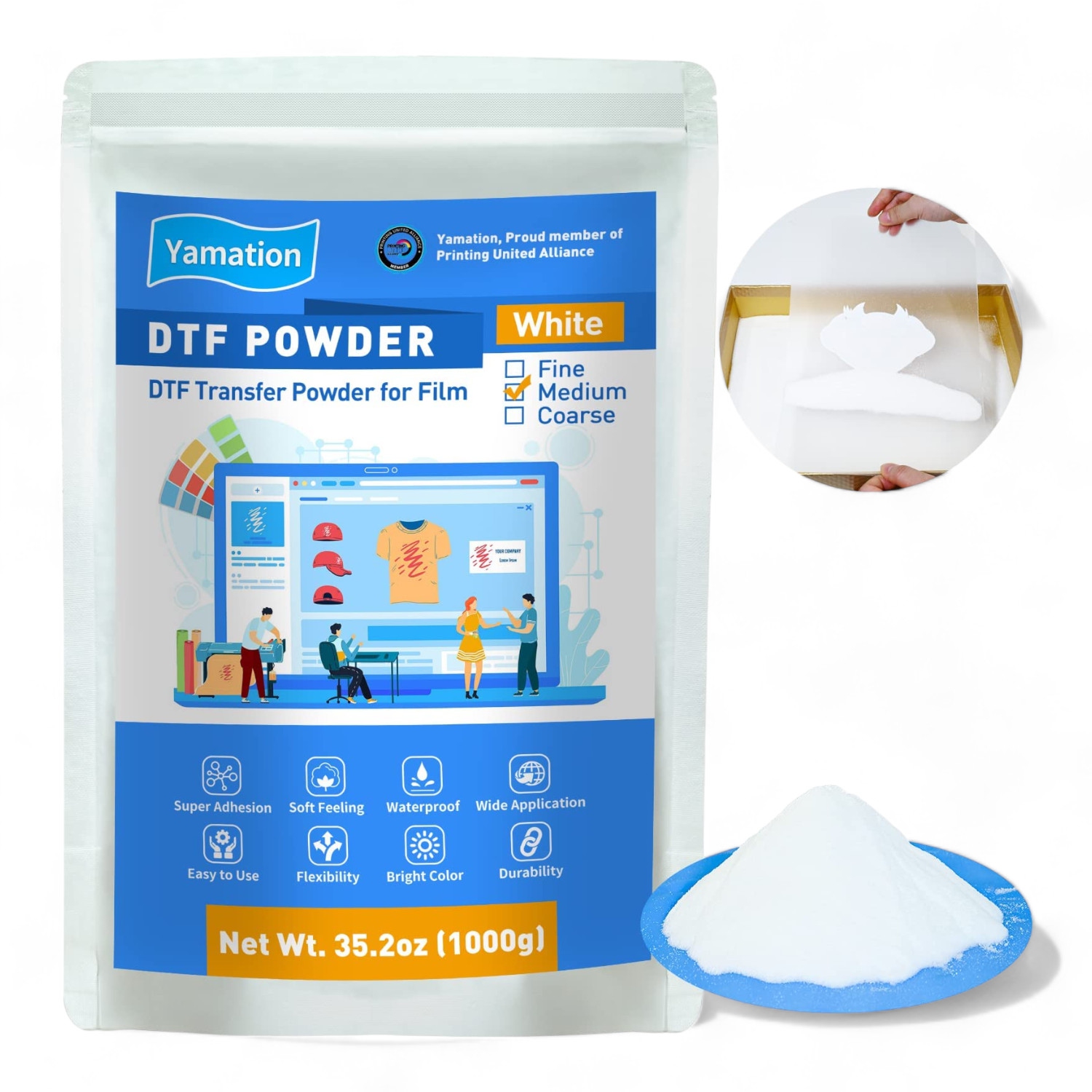 DTF Fusion Adhesive: The Ultimate Solution for Digital Printing on T-Shirts and Textiles. 35.2OZ/2.2lb White Powder with PET Film and Ink. Compatible with All DTF Printers.
