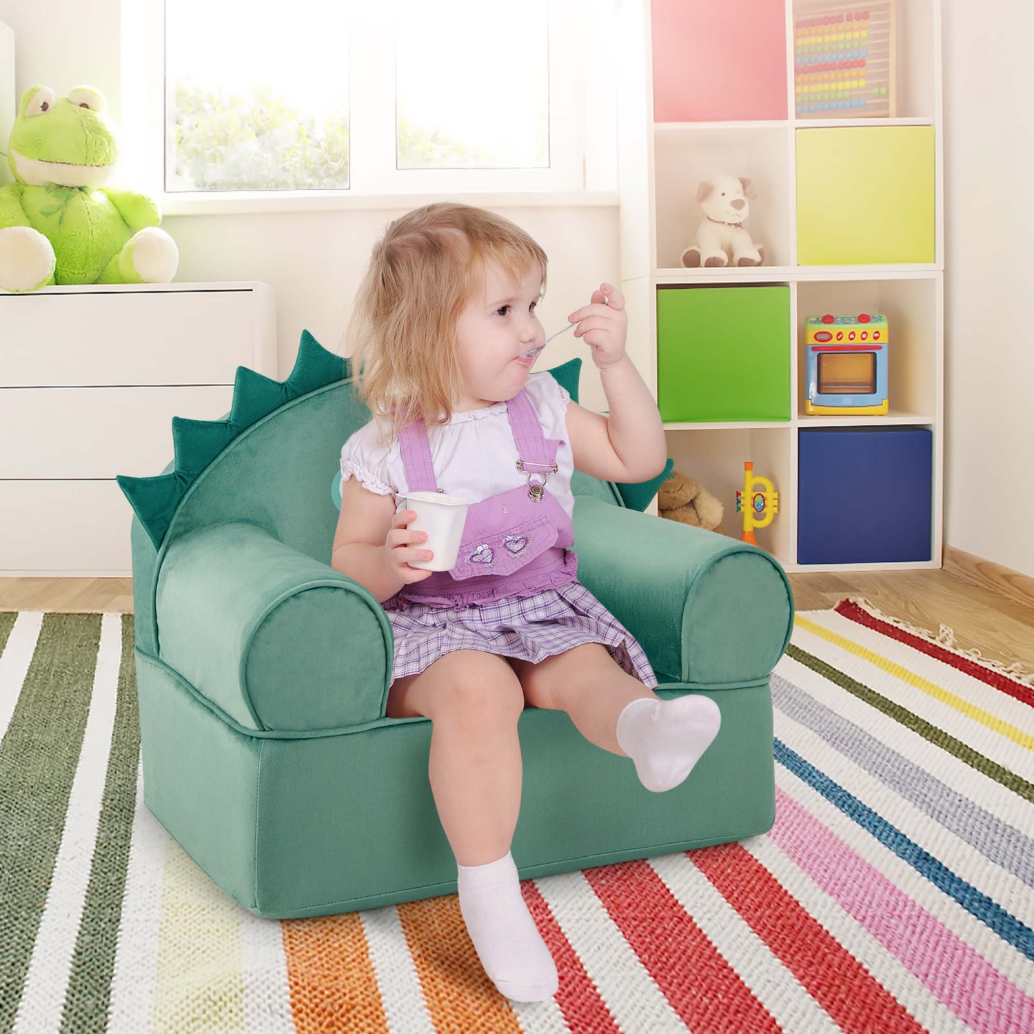 Sofa pour enfants avec fauteuil à accoudoirs en mousse Dinosaur Cuddly de Costway avec housse lavable