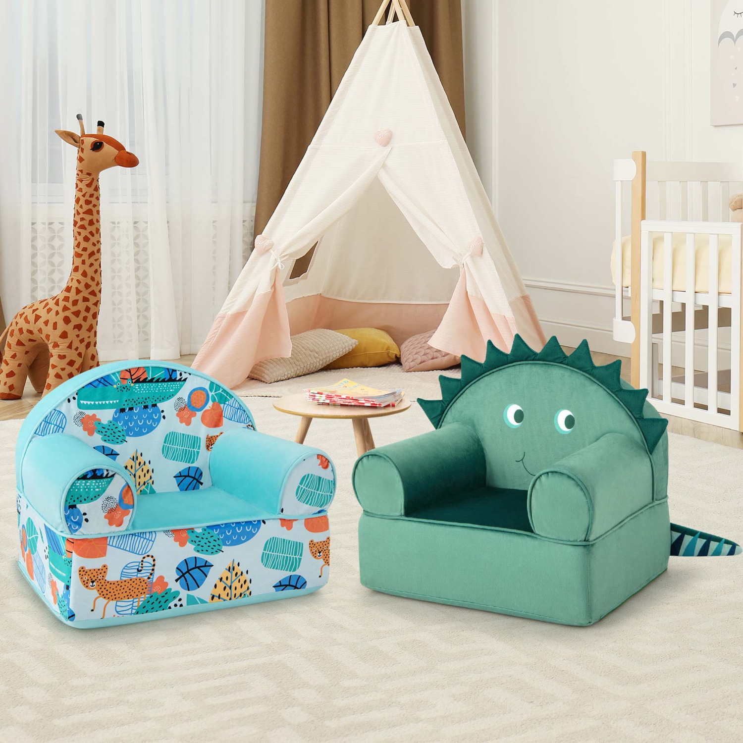Sofa pour enfants avec fauteuil à accoudoirs en mousse Dinosaur Cuddly de Costway avec housse lavable