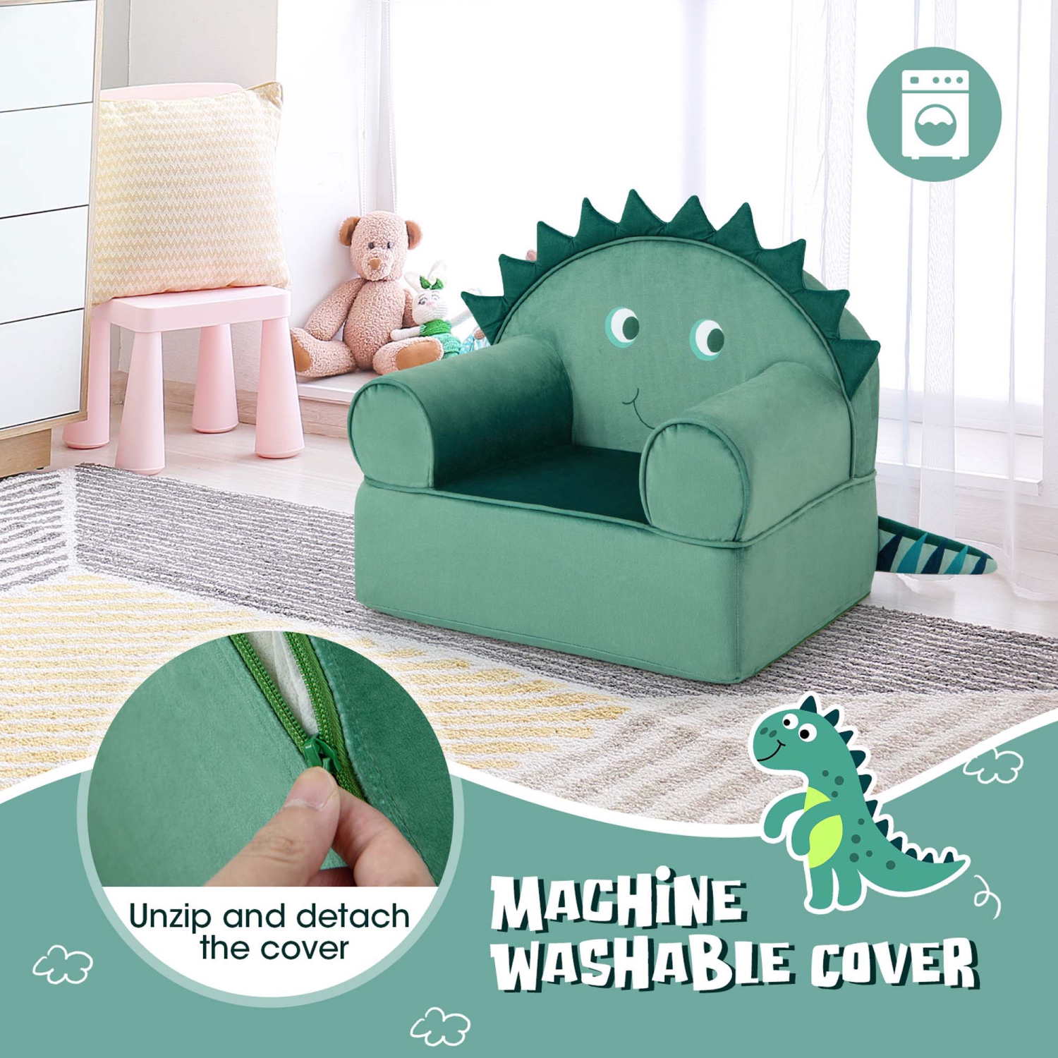 Sofa pour enfants avec fauteuil à accoudoirs en mousse Dinosaur Cuddly de Costway avec housse lavable
