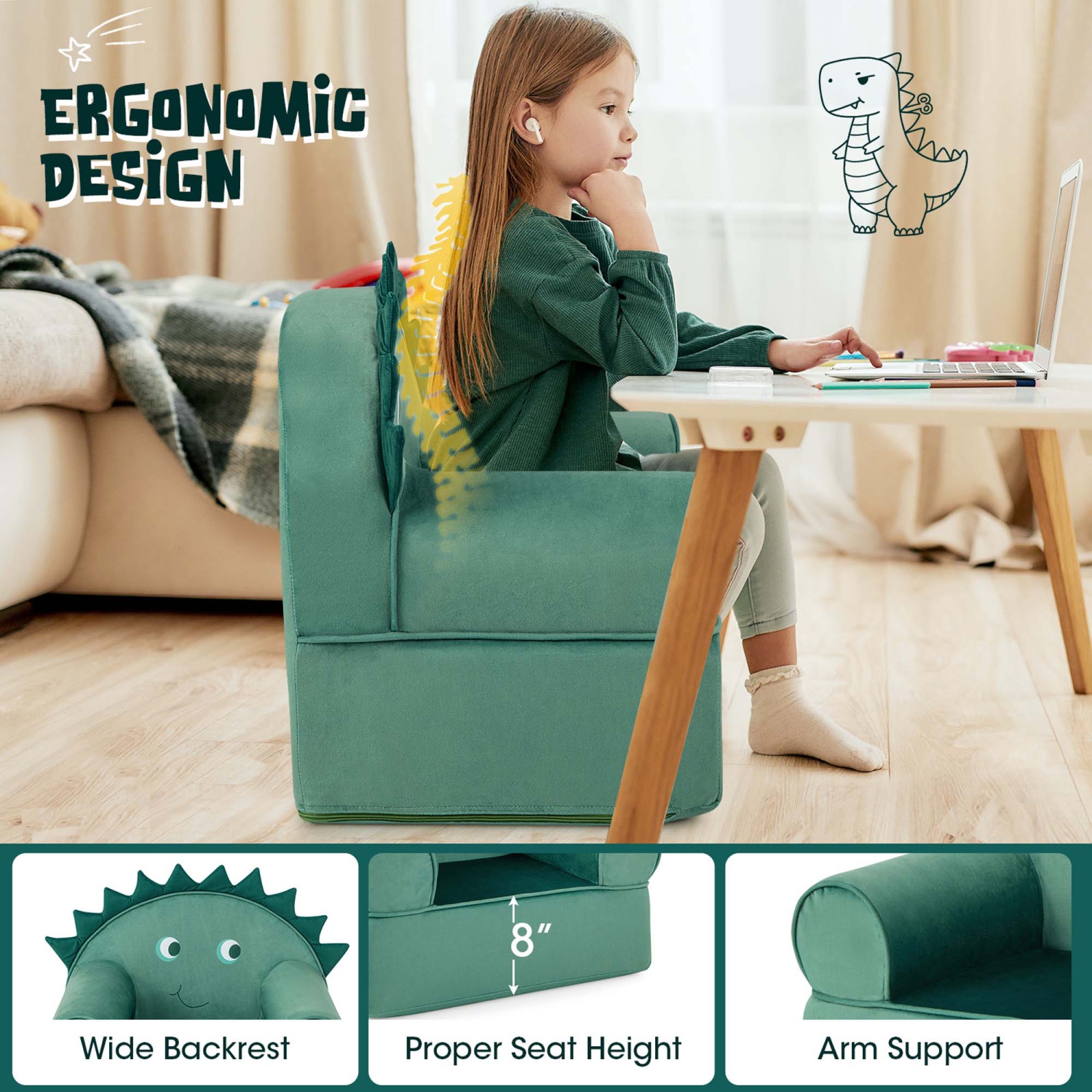 Sofa pour enfants avec fauteuil à accoudoirs en mousse Dinosaur Cuddly de Costway avec housse lavable