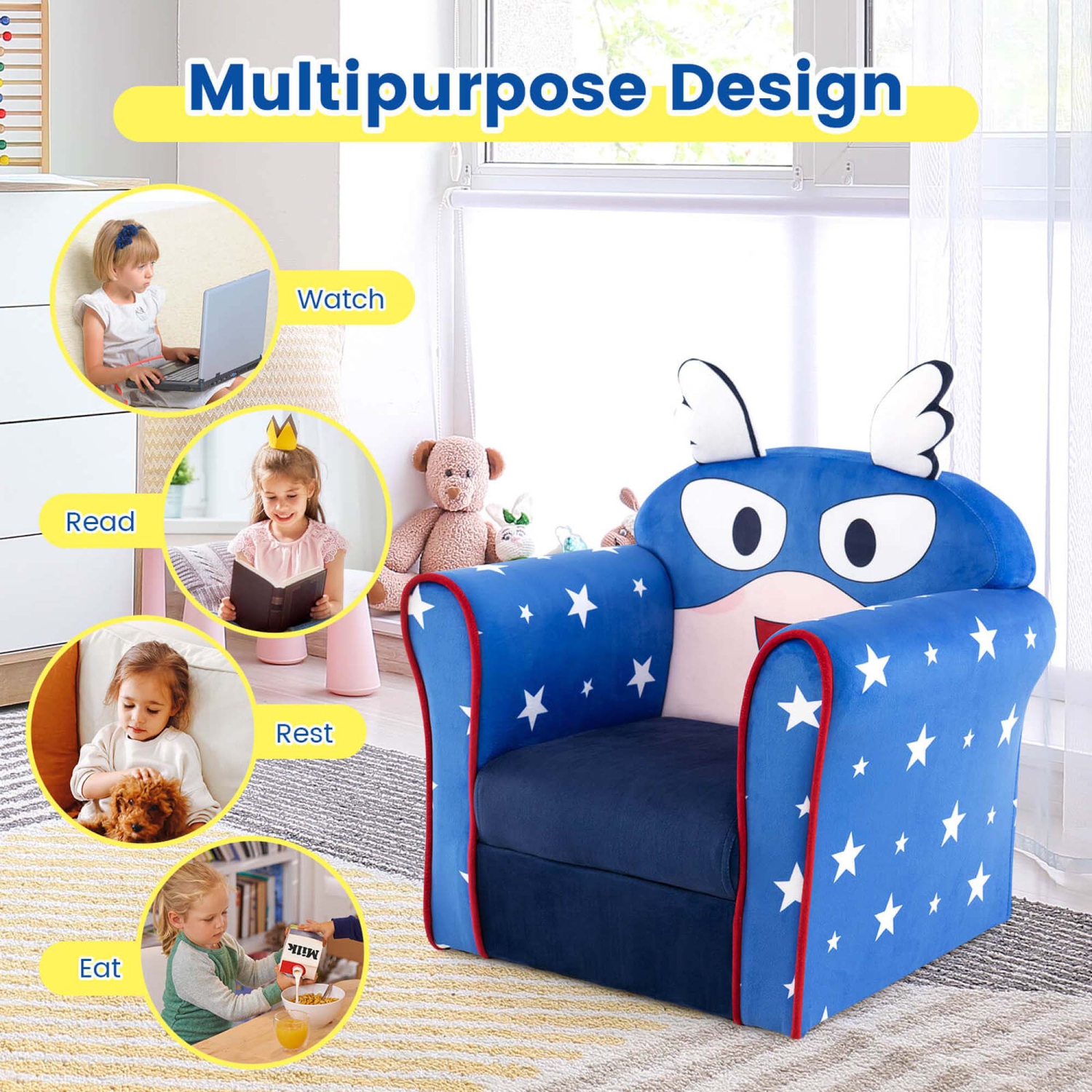 Costway – Fauteuil rembourré pour enfants, fauteuil pour tout-petits, cadre en bois, enfants, bleu marine