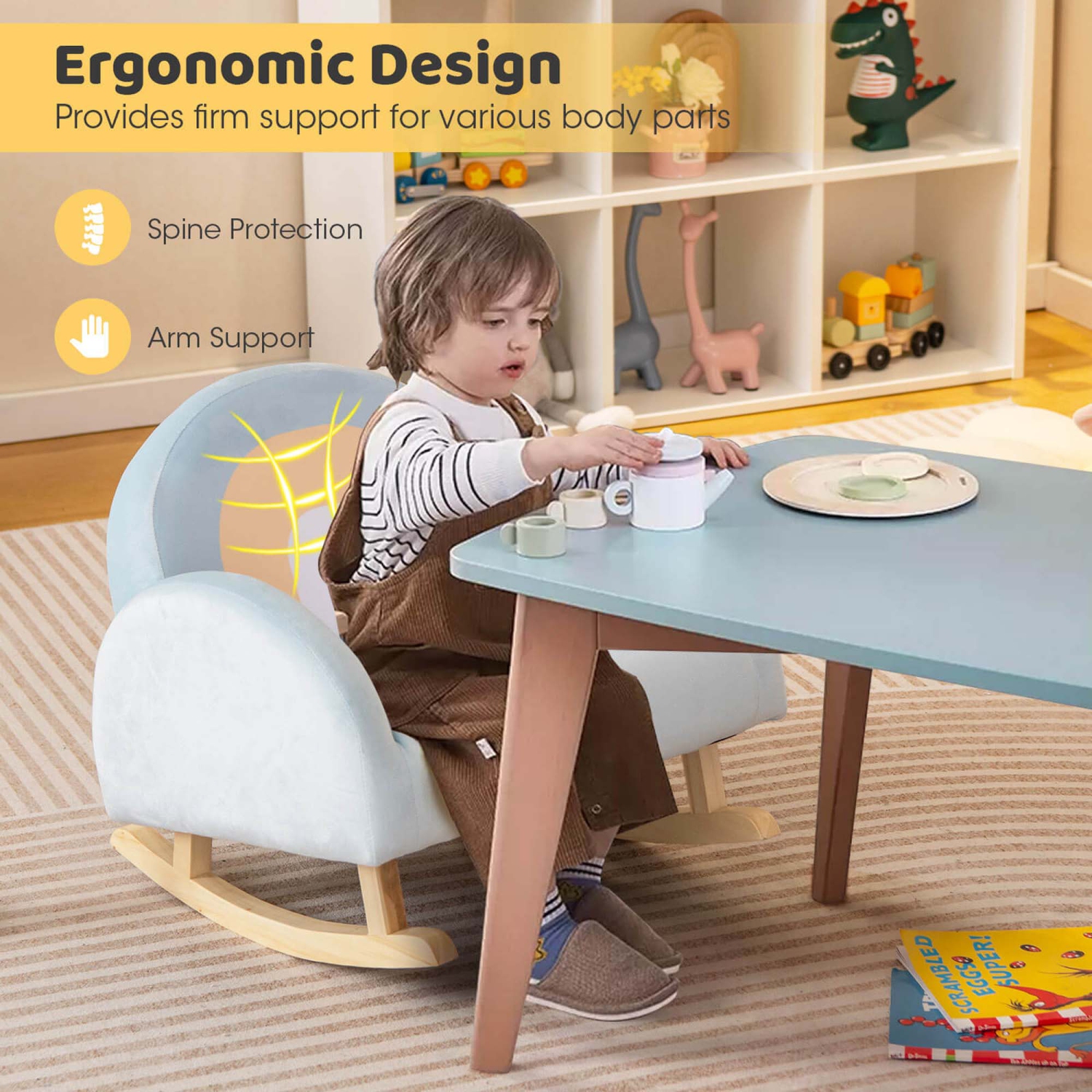 Fauteuil berçant rembourré en velours pour enfants de Costway - Bleu