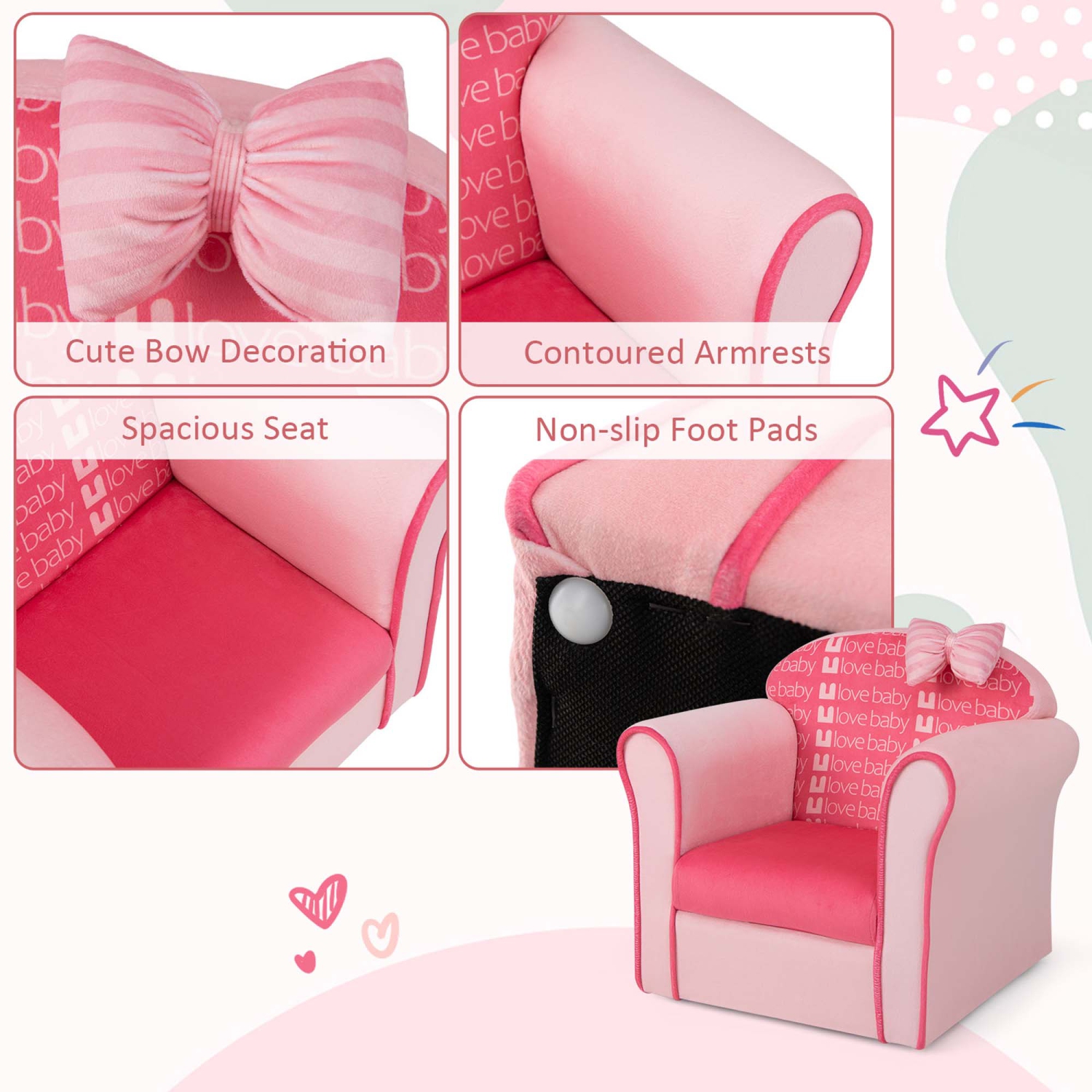 Costway Kids Cute Pink Bow Sofa Children Couch Toddler Upholstered Armchair Solid Wood