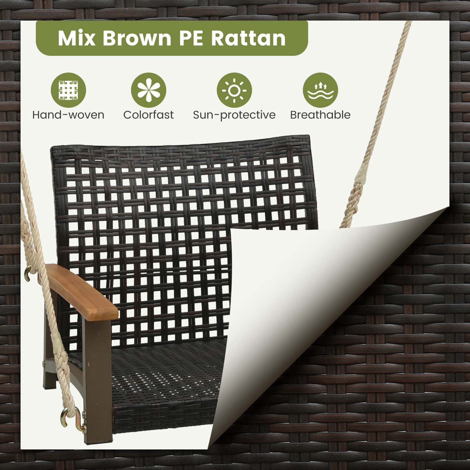 Balancelle pour l'extérieur avec banc pour 1&nbsp;personnes en rotin de Costway avec coussin