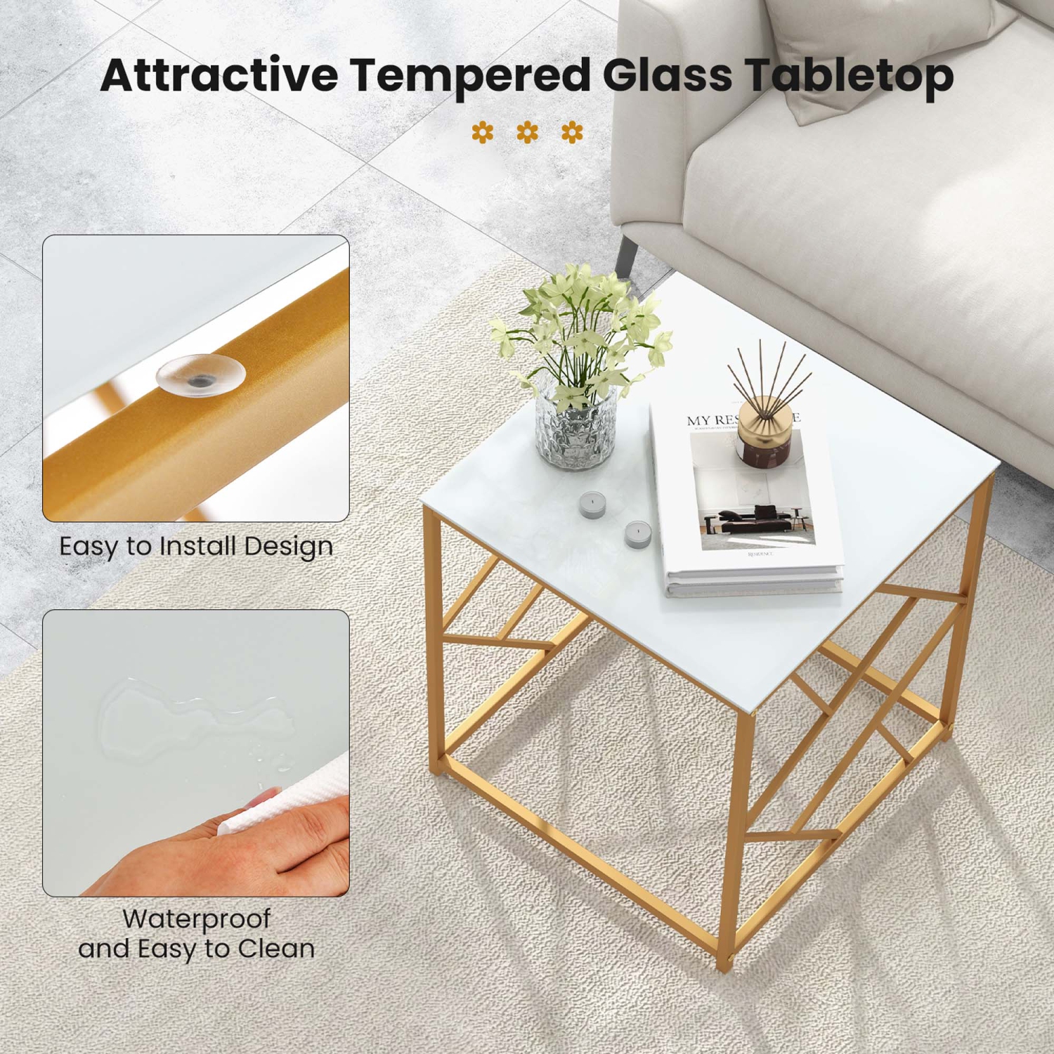 Costway 1PC 19.5" Side Table Square Bedside Sofa Accent Coffee Table with Tempered Glass Top