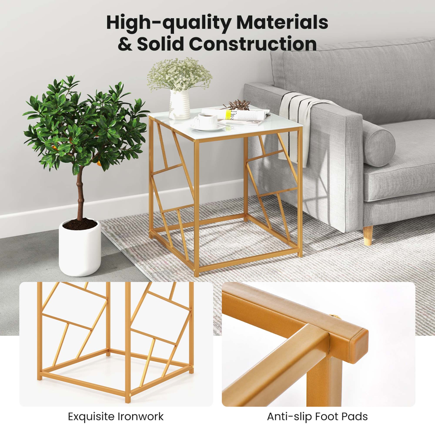 Costway 1PC 19.5" Side Table Square Bedside Sofa Accent Coffee Table with Tempered Glass Top