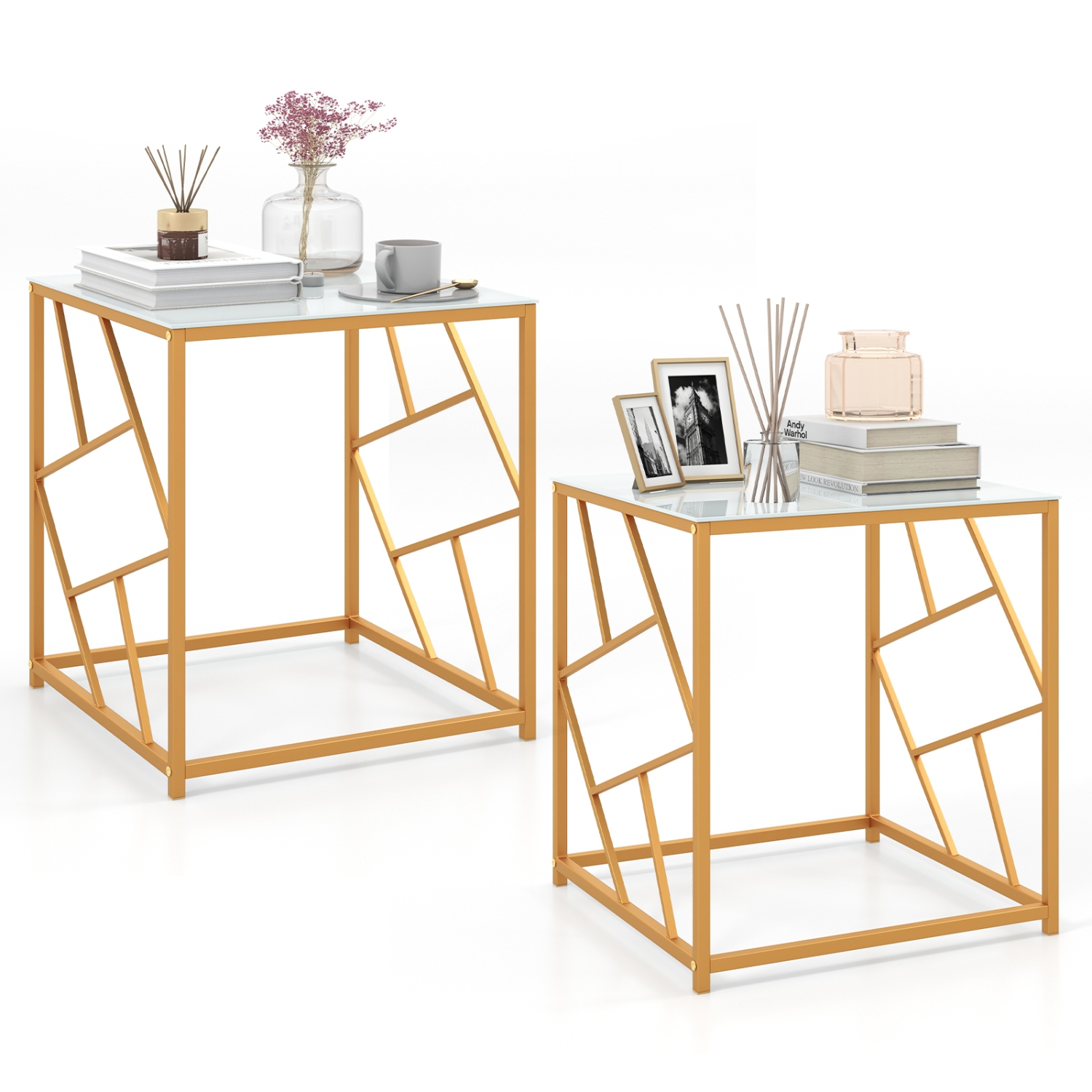 Costway 2PCS 19.5" Side Table Square Bedside Sofa Accent Coffee Table Tempered Glass Top