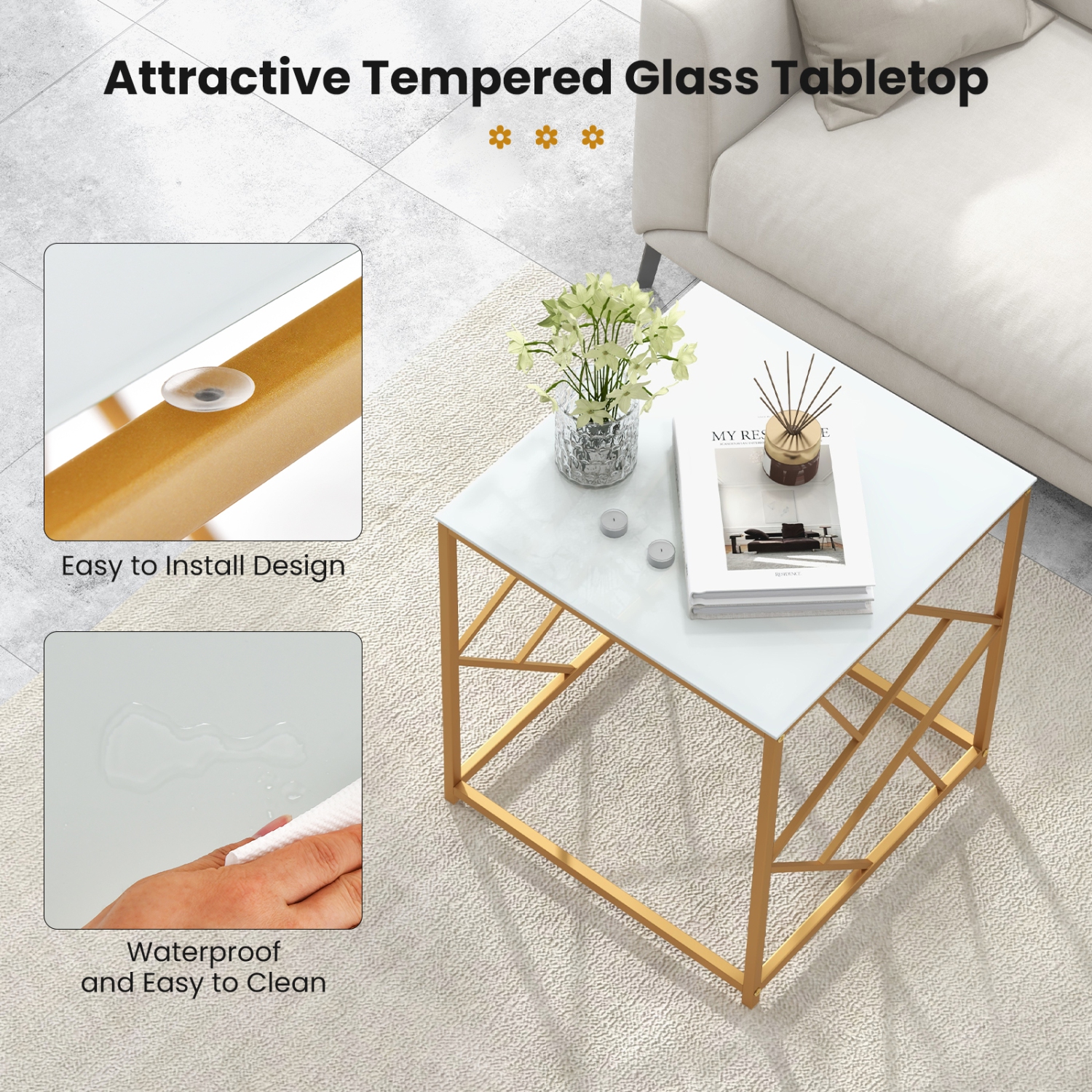 Costway 2PCS 19.5" Side Table Square Bedside Sofa Accent Coffee Table Tempered Glass Top