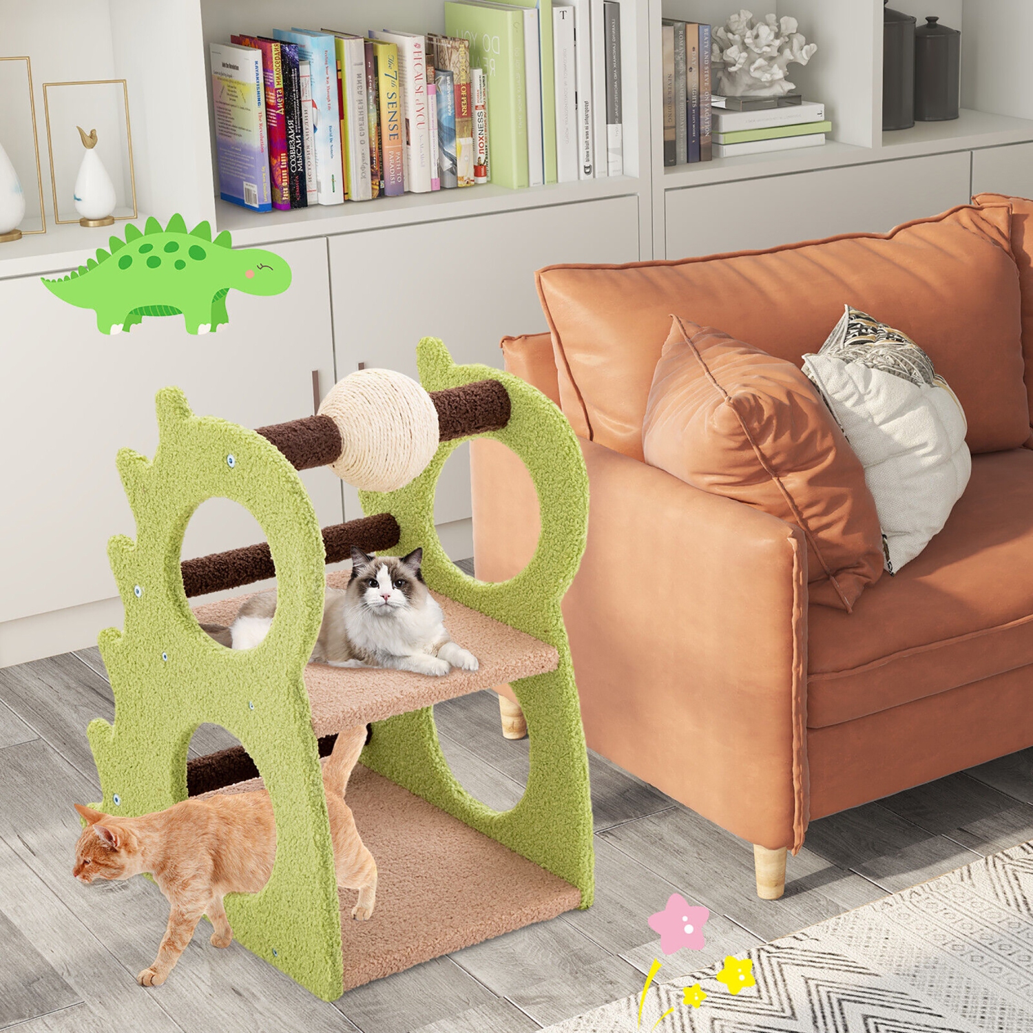 Gymax 2-Tier Dinosaur Cat Tree Tower w/ Rotating Scratching Sisal Ball Climbing Rods