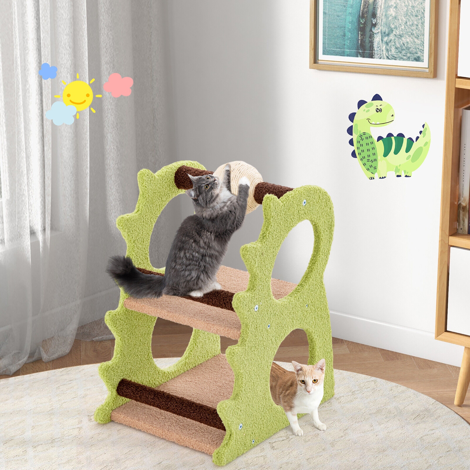 Gymax 2-Tier Dinosaur Cat Tree Tower w/ Rotating Scratching Sisal Ball Climbing Rods
