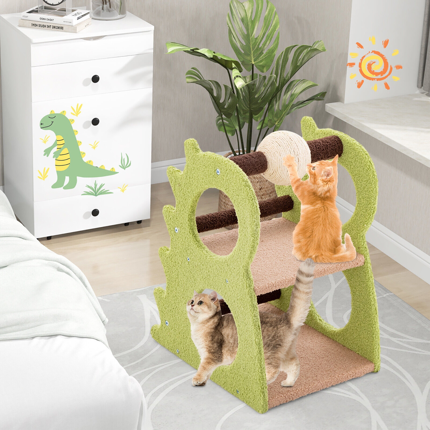 Gymax 2-Tier Dinosaur Cat Tree Tower w/ Rotating Scratching Sisal Ball Climbing Rods