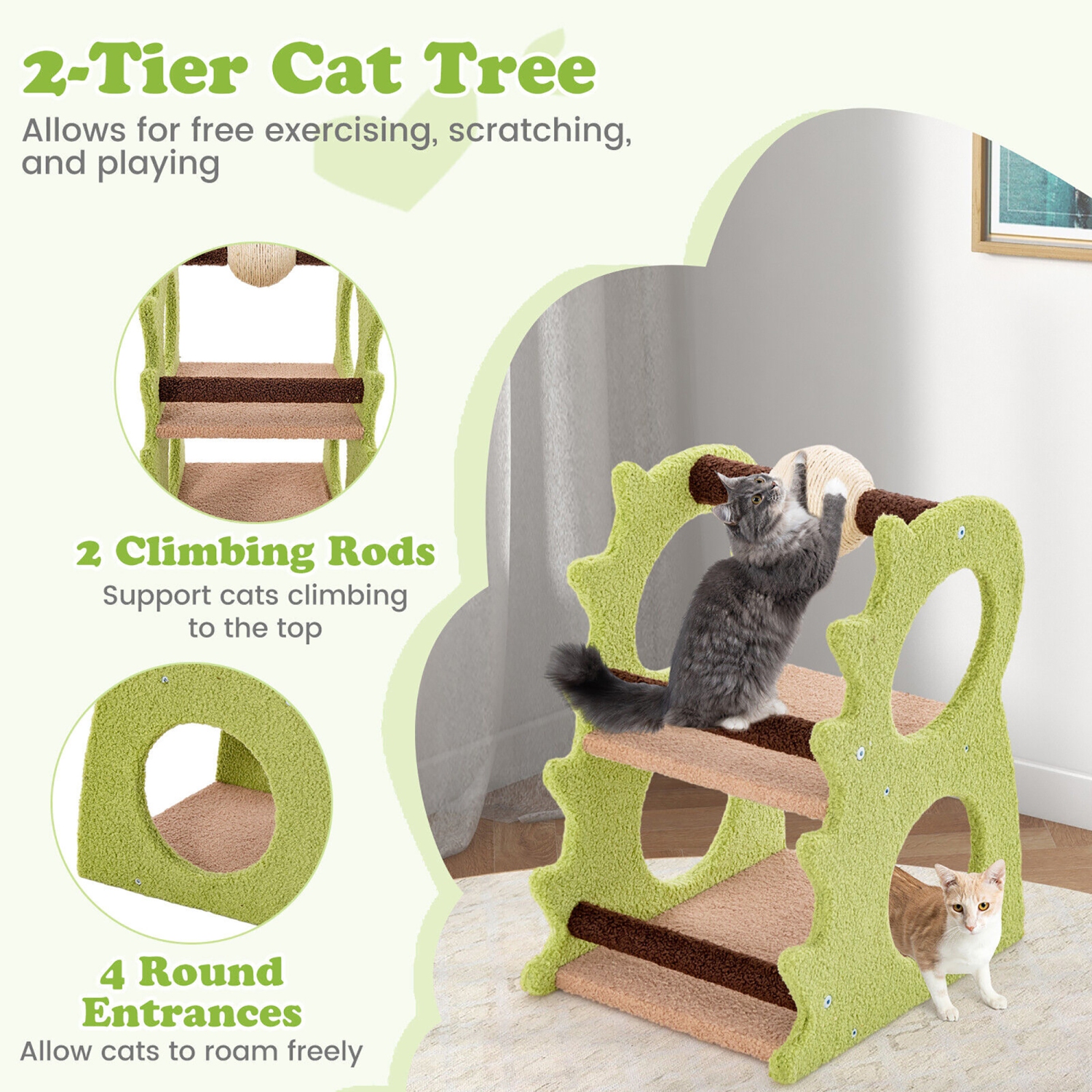 Gymax 2-Tier Dinosaur Cat Tree Tower w/ Rotating Scratching Sisal Ball Climbing Rods