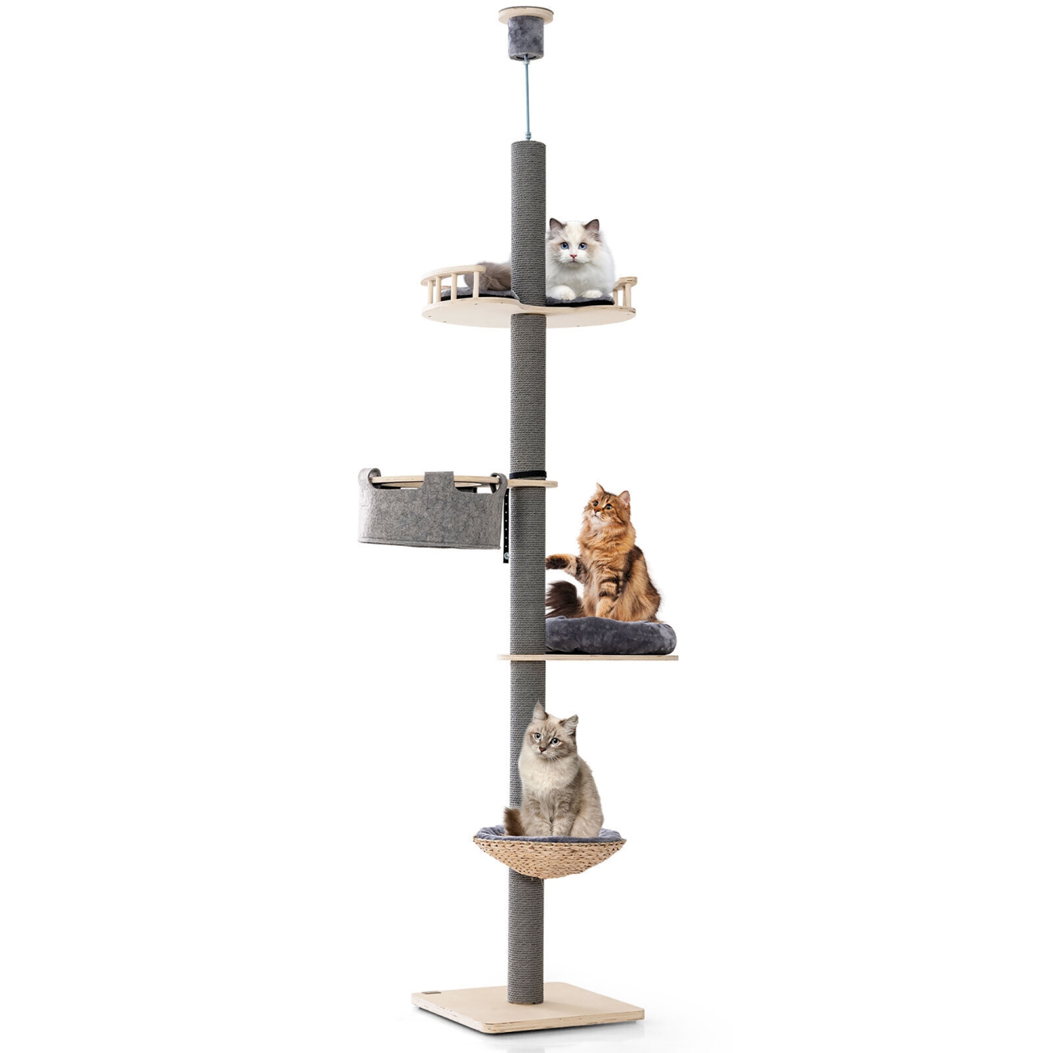 Gymax 5-Tier Floor to Ceiling Cat Tree w/ 93''-107'' Adjustable Height Cozy Hammock & Bed