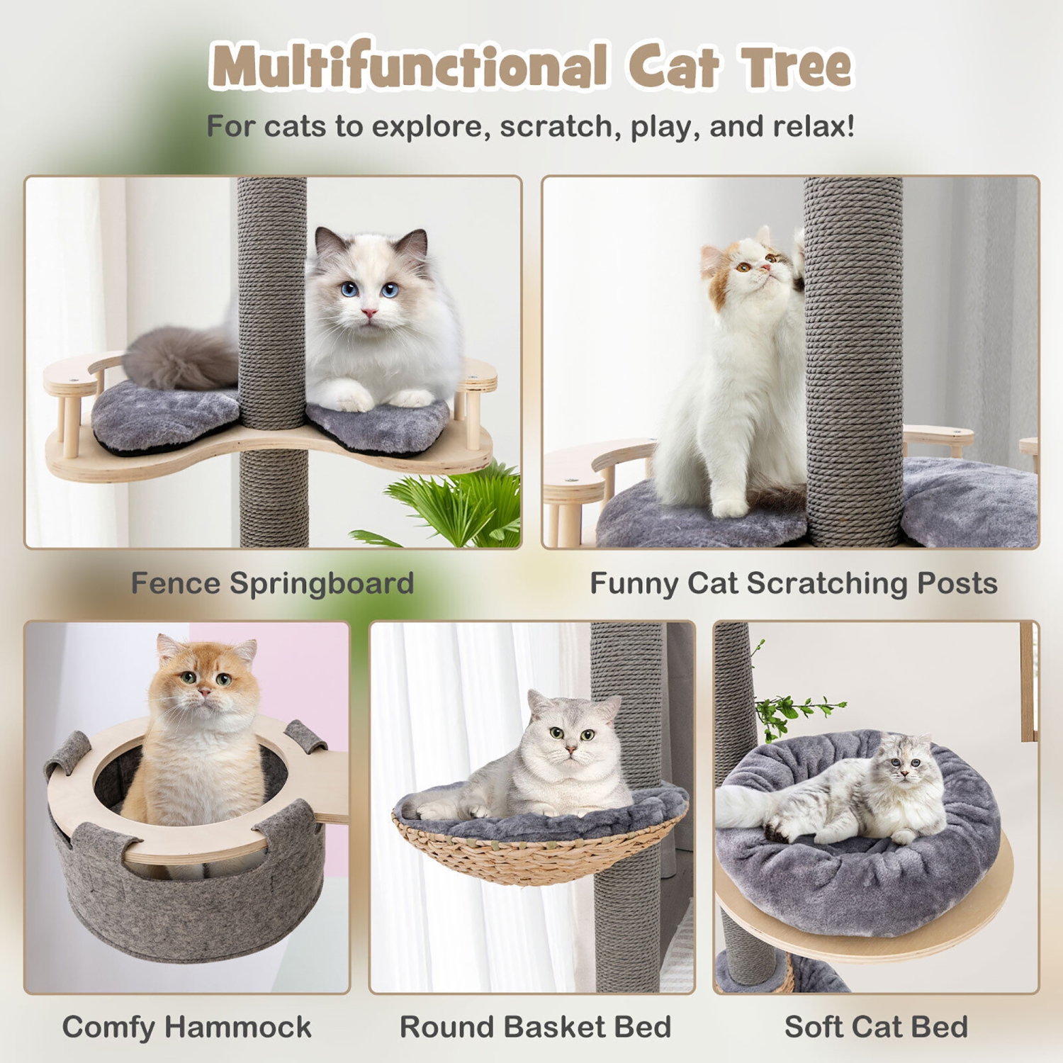 Gymax 5-Tier Floor to Ceiling Cat Tree w/ 93''-107'' Adjustable Height Cozy Hammock & Bed