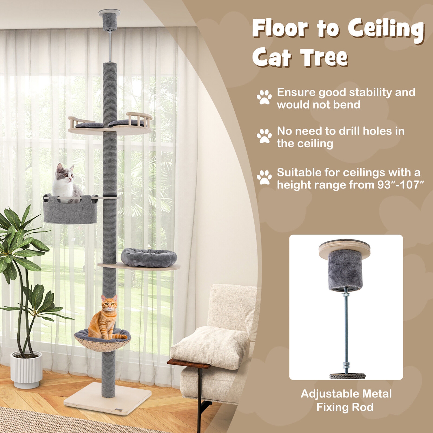 Gymax 5-Tier Floor to Ceiling Cat Tree w/ 93''-107'' Adjustable Height Cozy Hammock & Bed