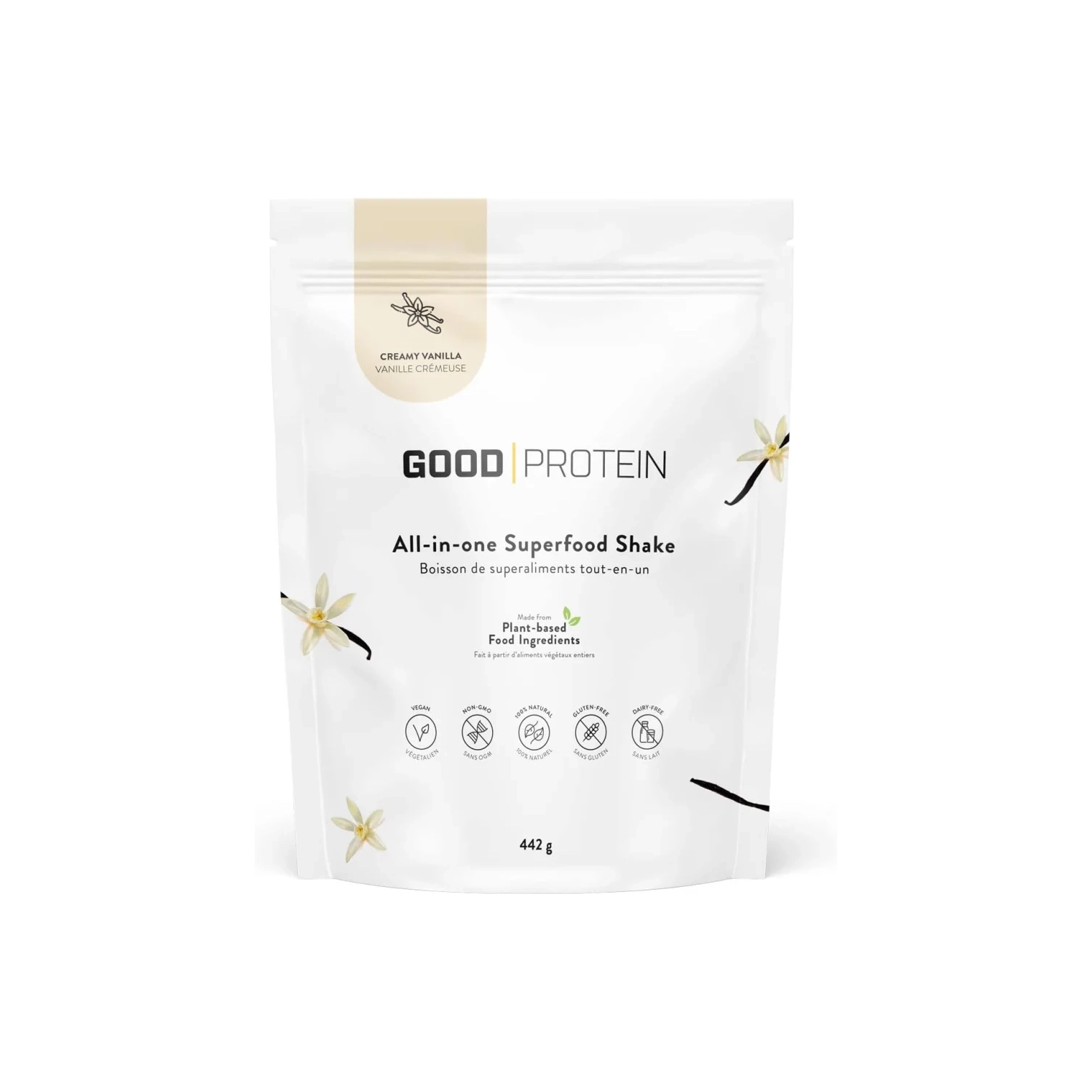 Good Protein Vegan Plant-based Protein Powder - Creamy Vanilla, 442g - 100% Natural, Non-GMO, Dairy-free, Gluten-free, Soy-free, No Added Sugar - All-in-one Superfood Shake