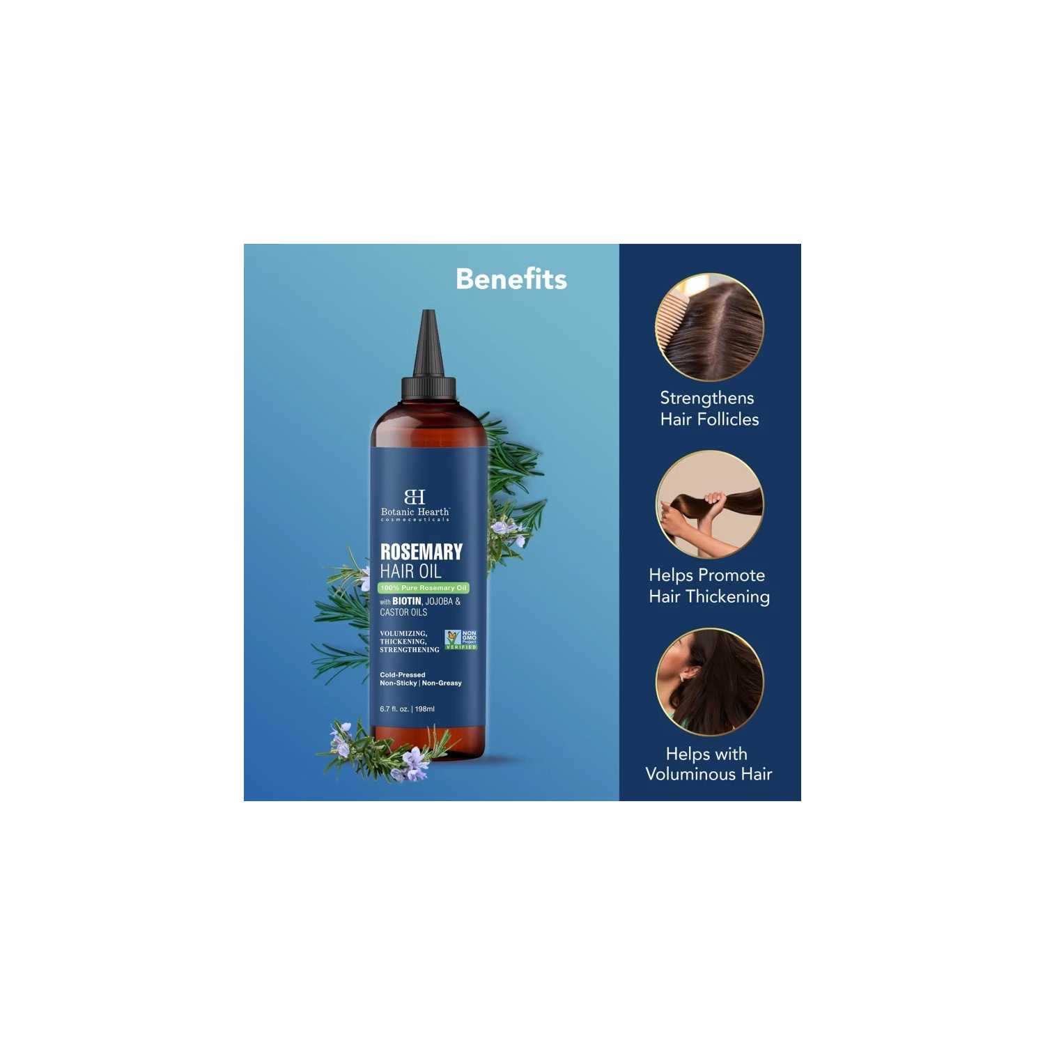 Botanic Hearth Rosemary Hair Oil with Biotin - Strengthening, Nourishing, Volumizing Formula with Jojoba Oil and Castor Oil - Non GMO Verified, 6.7