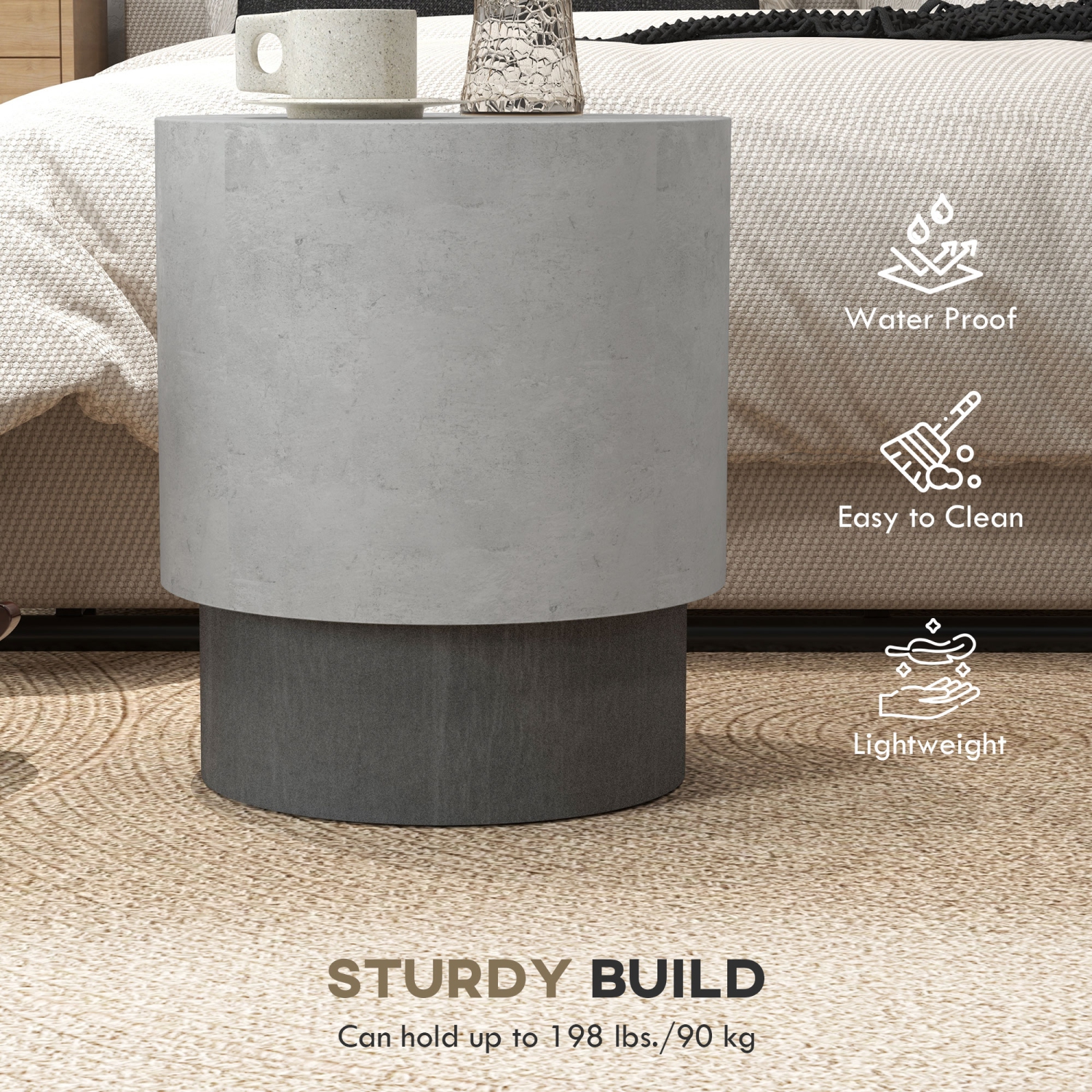 Table d'appoint au fini béton de HOMCOM, table d'appoint légère, table d'extrémité ronde de 17 po avec 4 pieds réglables pour intérieur, extérieur,