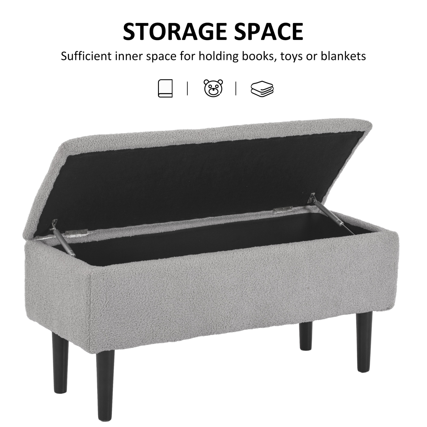 HOMCOM 37 Inch Modern Ottoman with Storage and Wooden Legs, Storage Ottoman with Teddy Velvet Upholstery, for Living Room, Bedroom, Grey