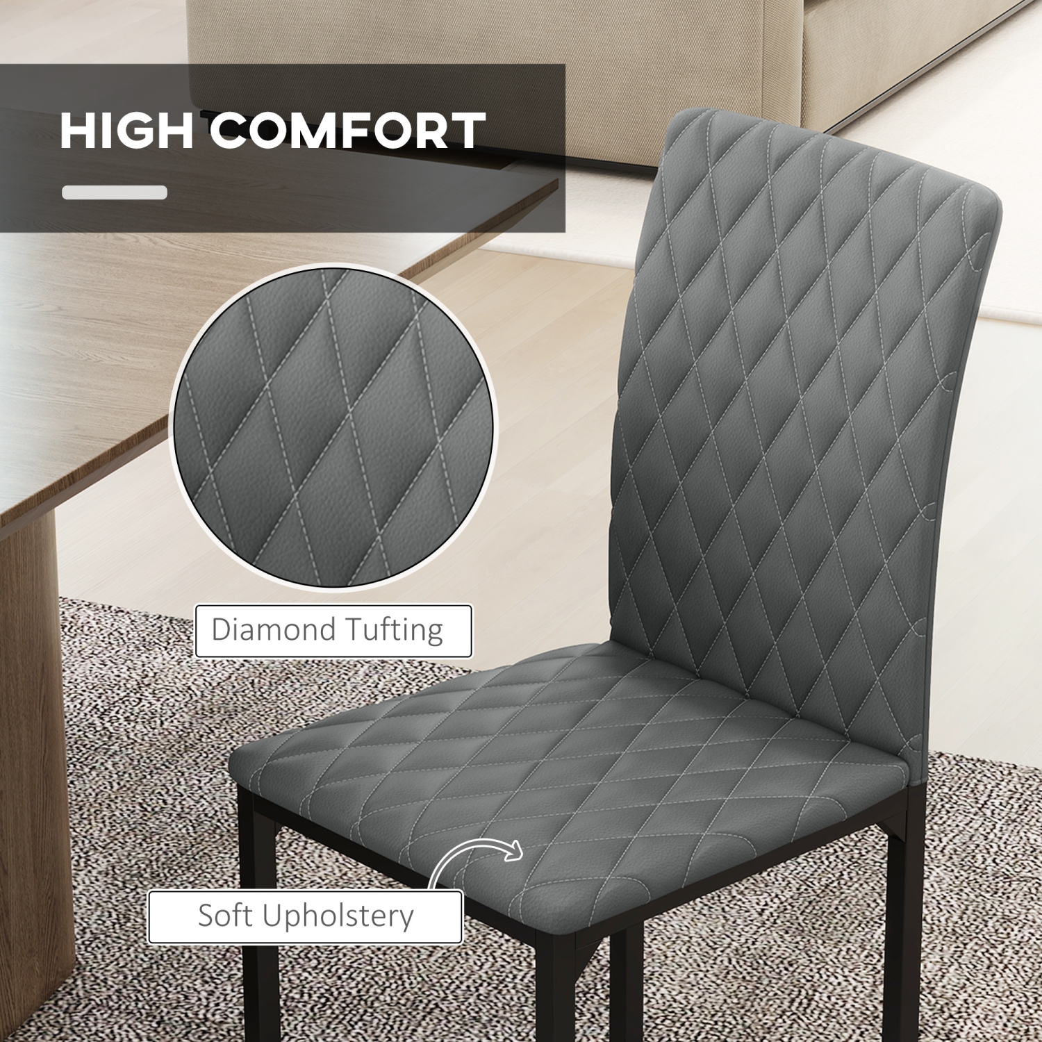 HOMCOM Modern Dining Chairs Set of 4, Upholstered Faux Leather Kitchen Chairs with Rhombic Tufting and Metal Legs for Living Room, Grey