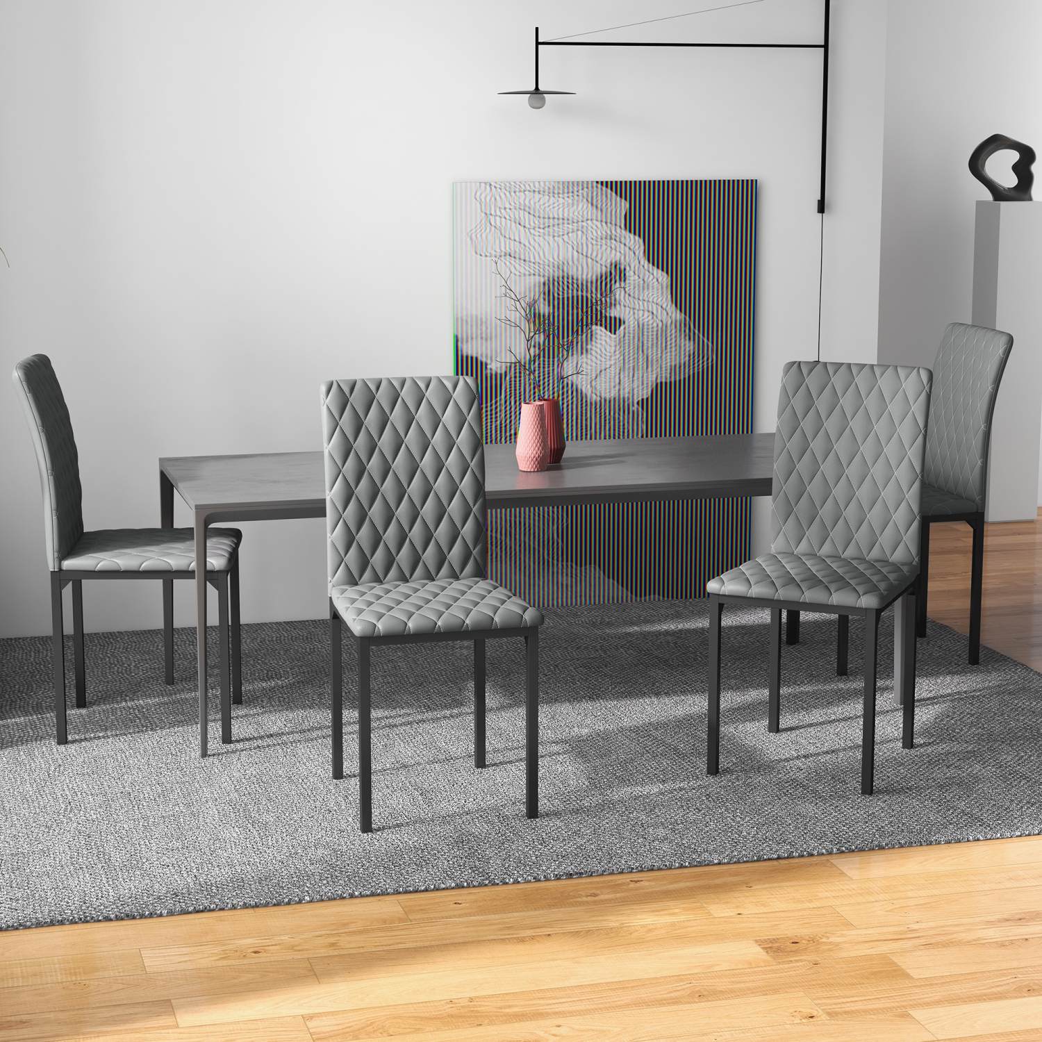 HOMCOM Modern Dining Chairs Set of 4, Upholstered Faux Leather Kitchen Chairs with Rhombic Tufting and Metal Legs for Living Room, Grey
