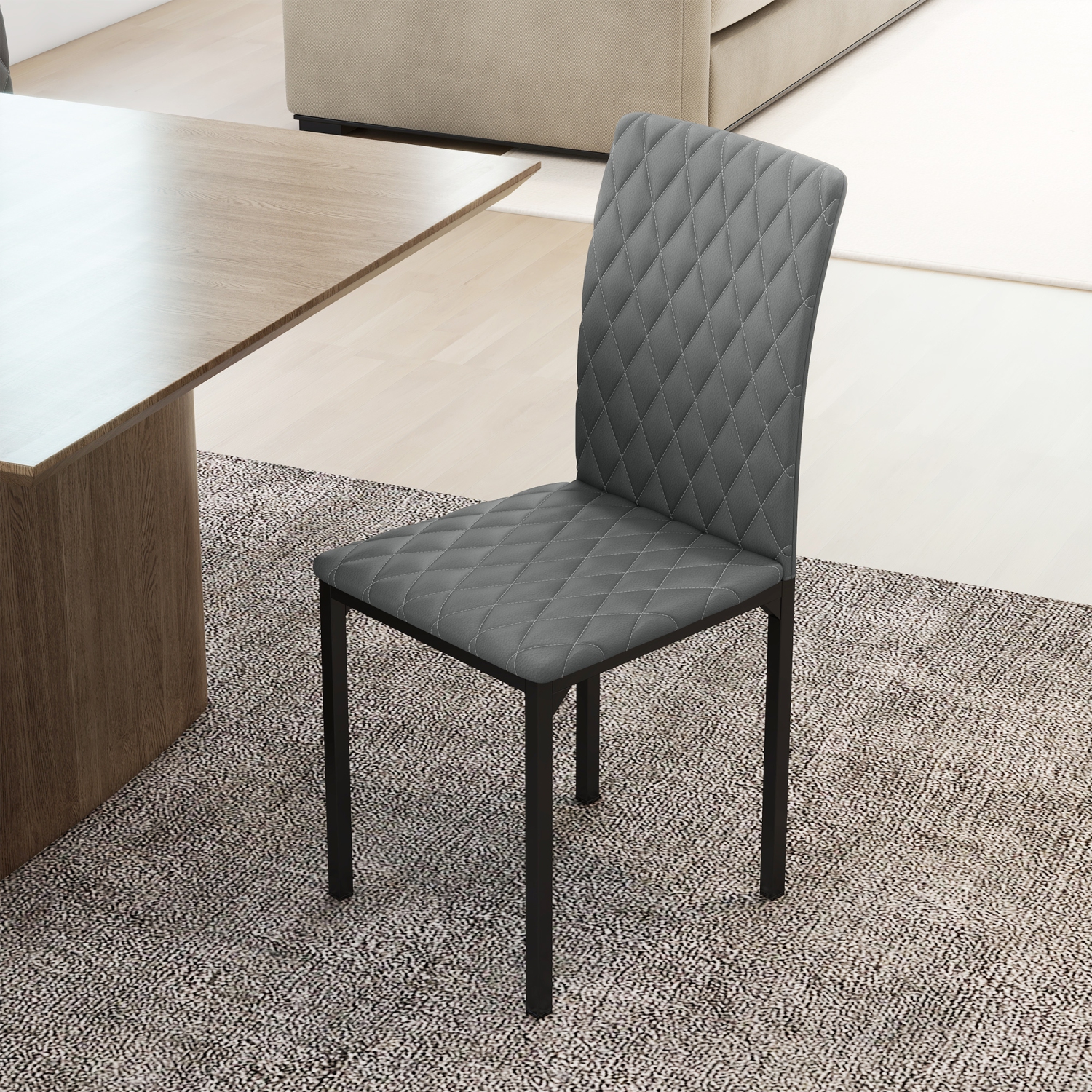 HOMCOM Modern Dining Chairs Set of 4, Upholstered Faux Leather Kitchen Chairs with Rhombic Tufting and Metal Legs for Living Room, Grey