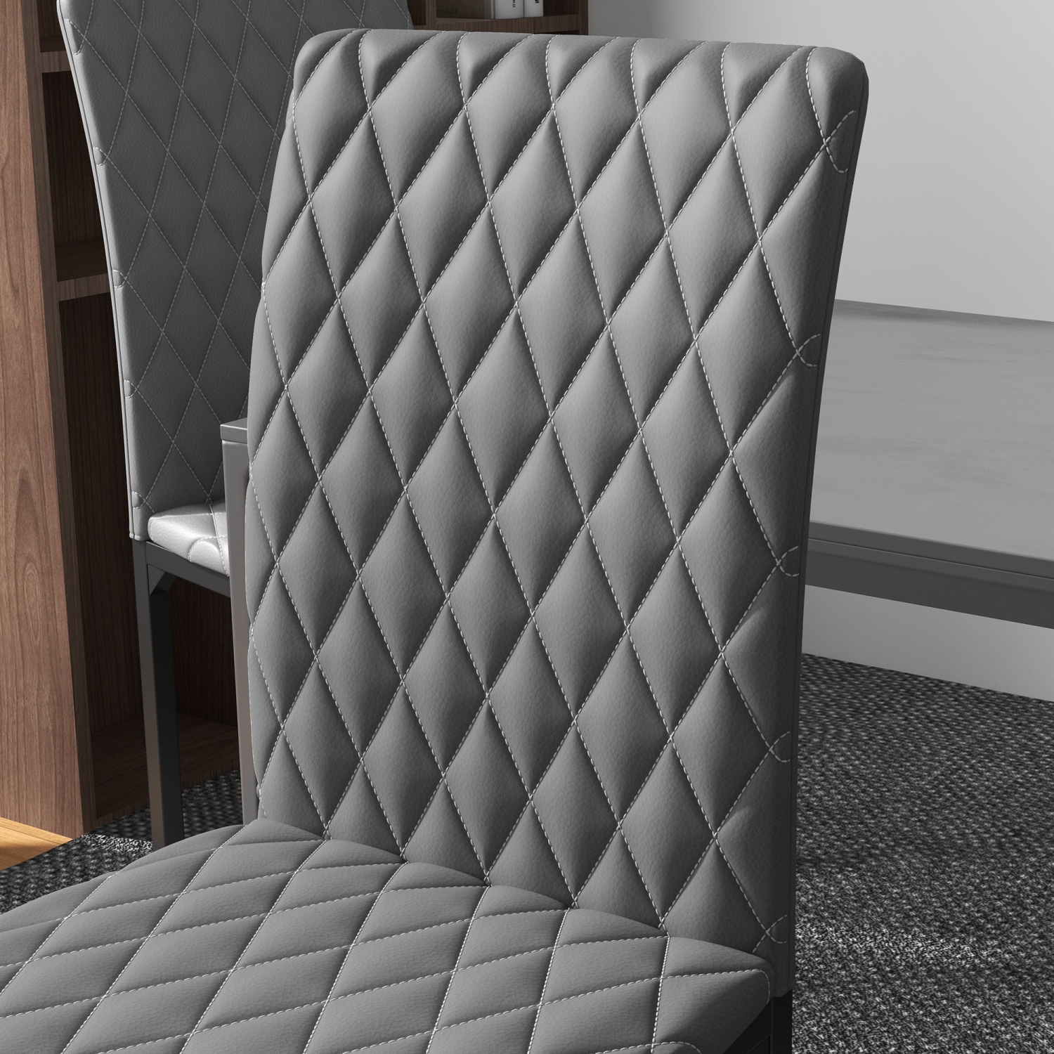 HOMCOM Modern Dining Chairs Set of 4, Upholstered Faux Leather Kitchen Chairs with Rhombic Tufting and Metal Legs for Living Room, Grey