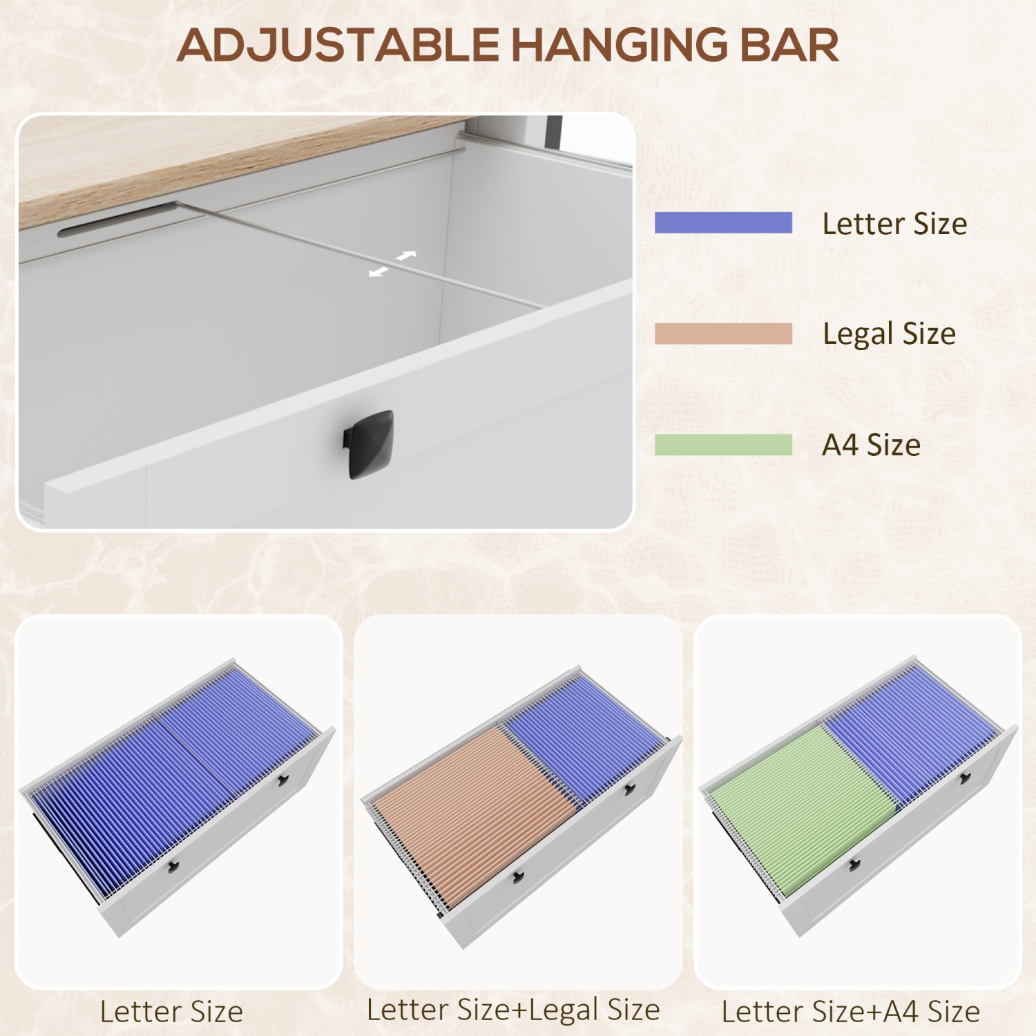 HOMCOM – Classeur latéral à 2 tiroirs, classeur verrouillable avec barre de suspension réglable pour formats lettre, A4 et légal, blanc