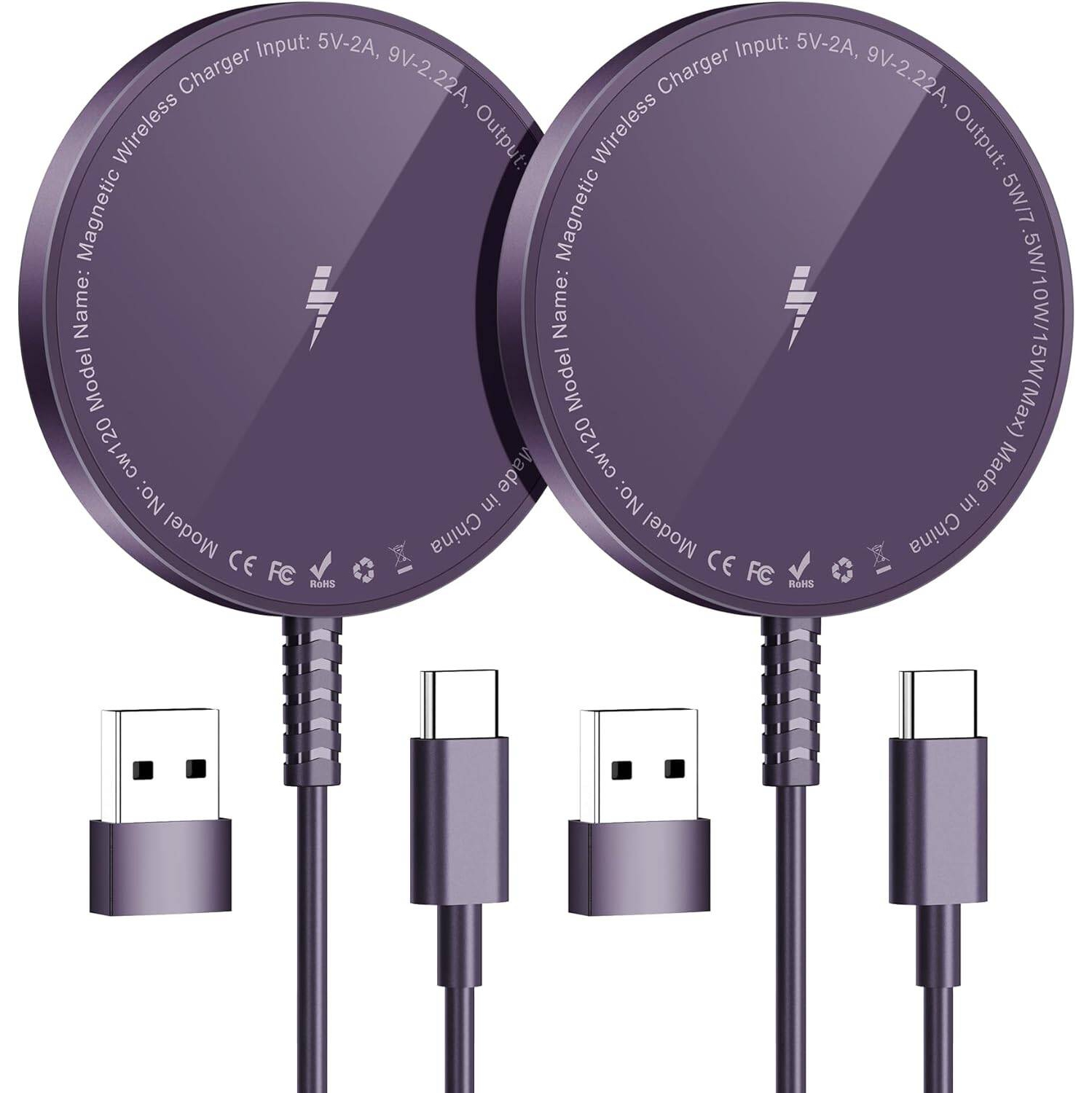Chargeur magnétique sans fil pour iPhone, chargeur Mag, 2 tapis de chargement rapide pour iPhone 15 14 13 12 Pro Max plus et AirPods 2 3 Pro, violet